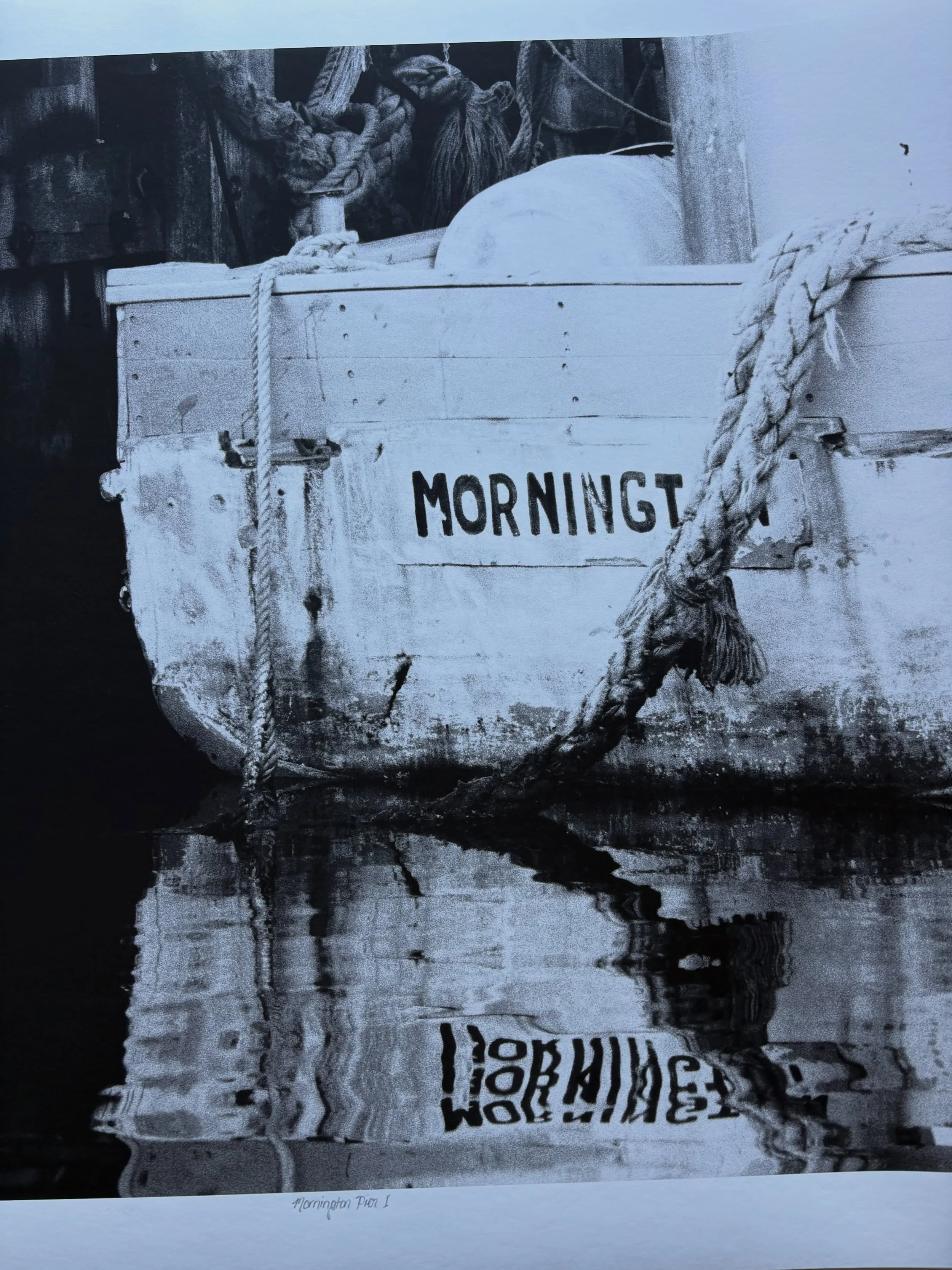 MORNINGTON PIER I
.
. 
This image was shot on film at the old Mornington pier over 15 years ago. I love the texture in the timber and ropes, and the water was so still, making the reflections incredible. I signed and prepped the print today and dropp