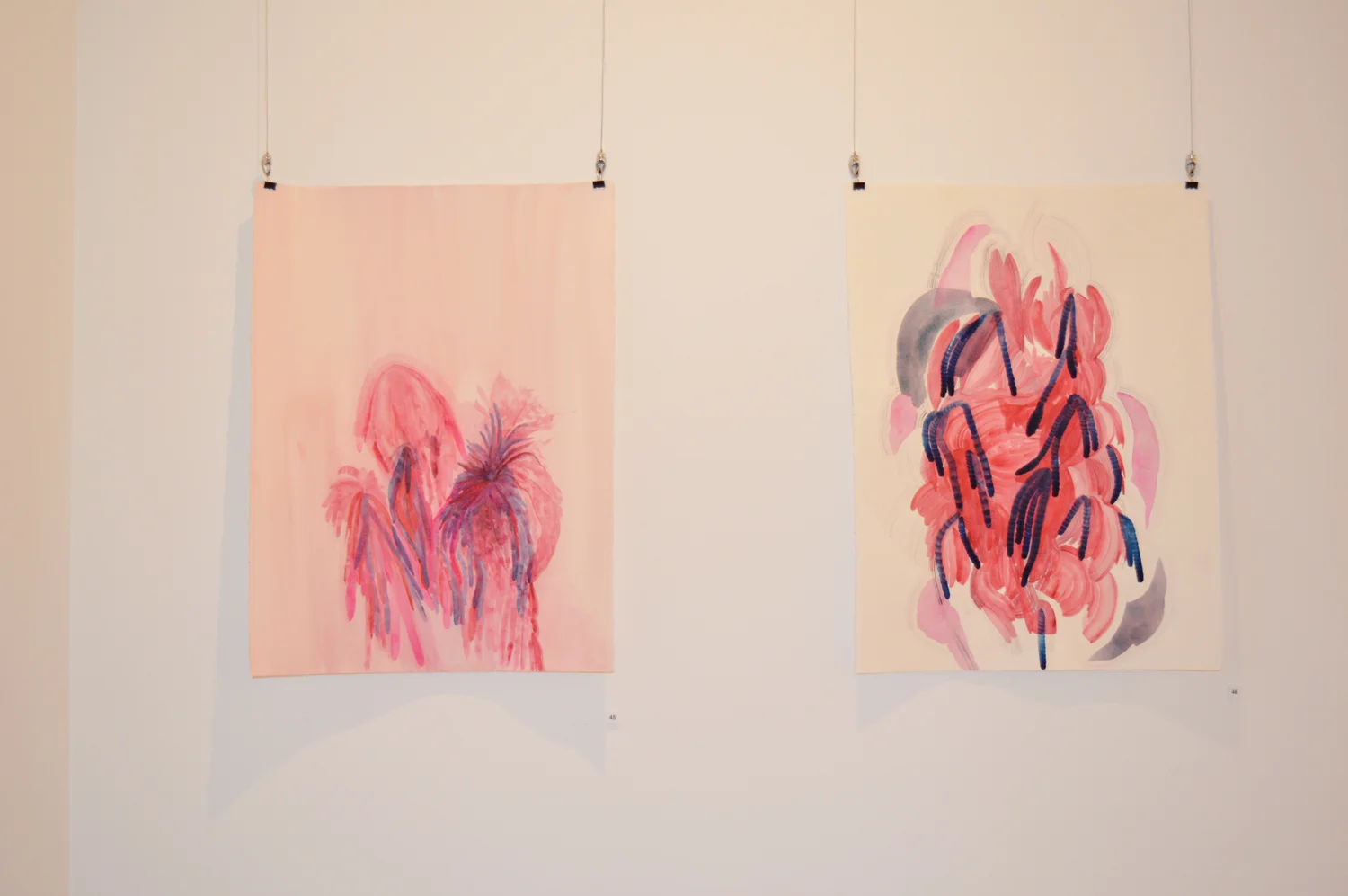 Parade ( left image) 2019 Watercolour on paper 56 x 76cm ———— Untitled (right image) 2019 Watercolour on paper 56 x 76cm
