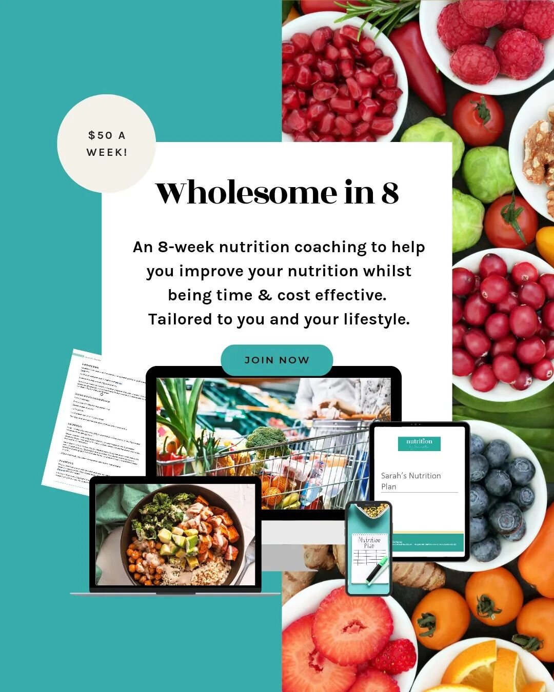 My newest program wholesome in 8!

This is my brand new 8 week program designed to help show you just how easy it can be to create consistent healthy habits and have nutritionist approved meals for you and the family to enjoy without breaking the ban