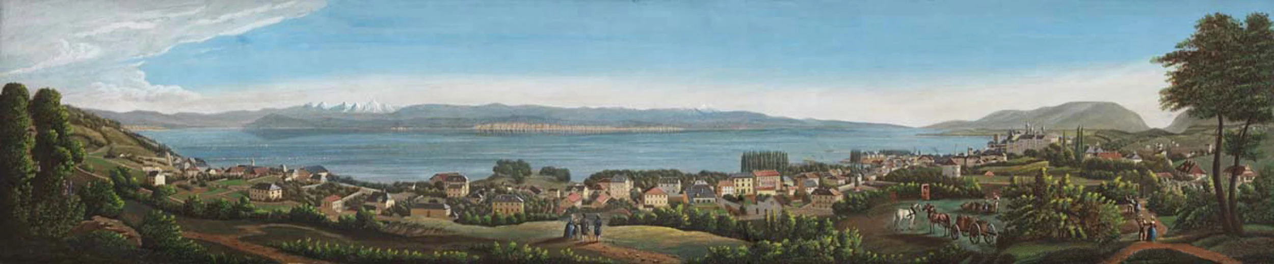Panorama de Neuchâtel depuis le Crêt Taconnet, gouache de Jean-Henri Baumann, vers 1845