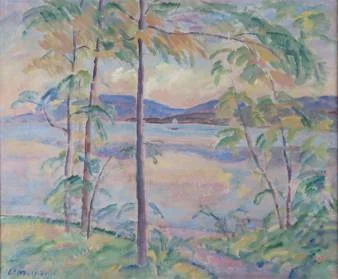 Lac de Neuchâtel , 1916, huile sur toile. Louis de Meuron a souvent peint "son" lac, à l'instar de cette toile dont les tons rosés emmènent le spectateur dans un monde paradisiaque. Un tel tableau est emblématique de l'artiste par ses couleurs, la technique et le sujet.