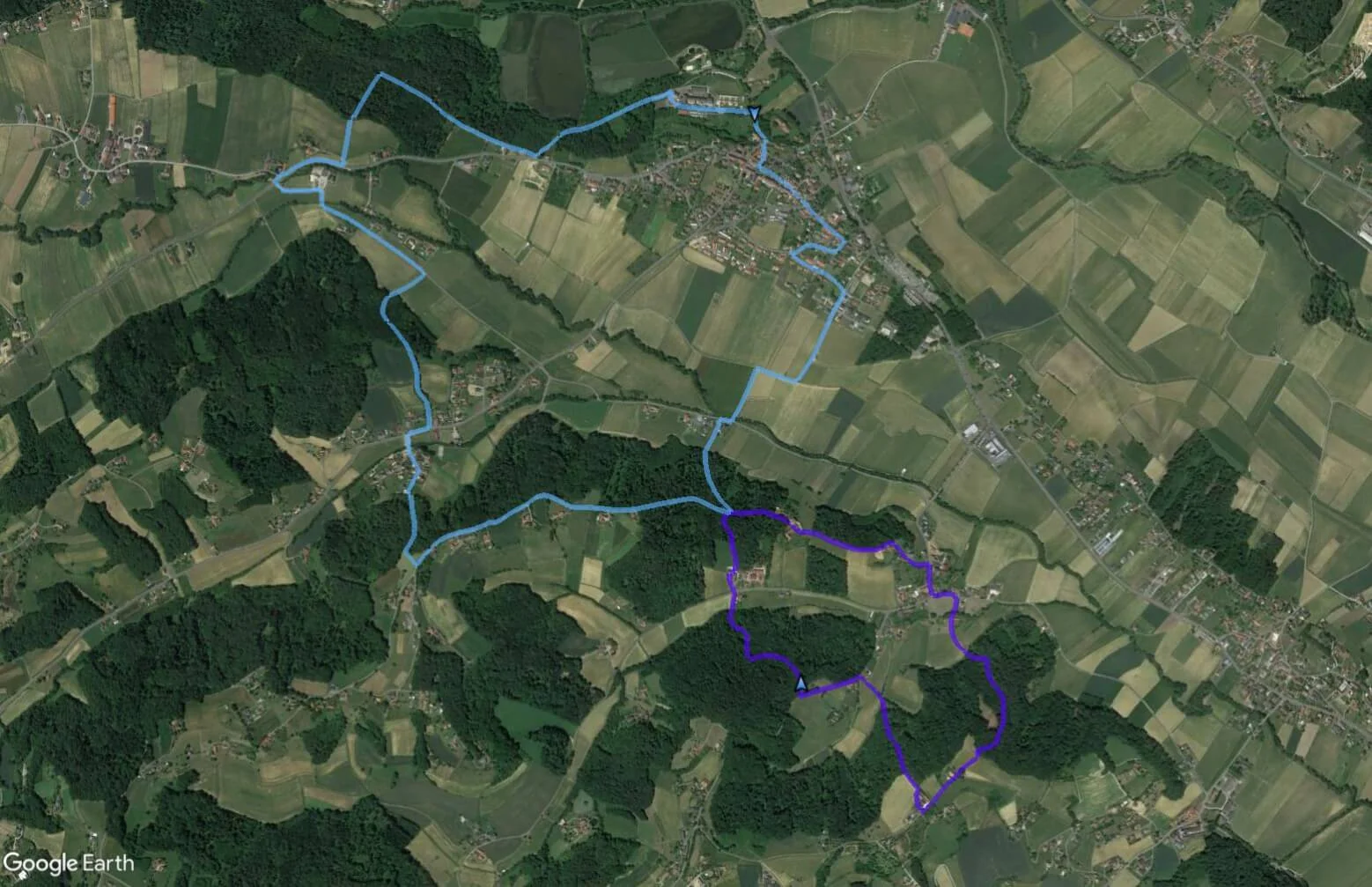 Kirchbergvitalweg: Ortsrunde | hellblau und Bergrunde | violett in der Draufsicht (z um Vergrößern anklicken)