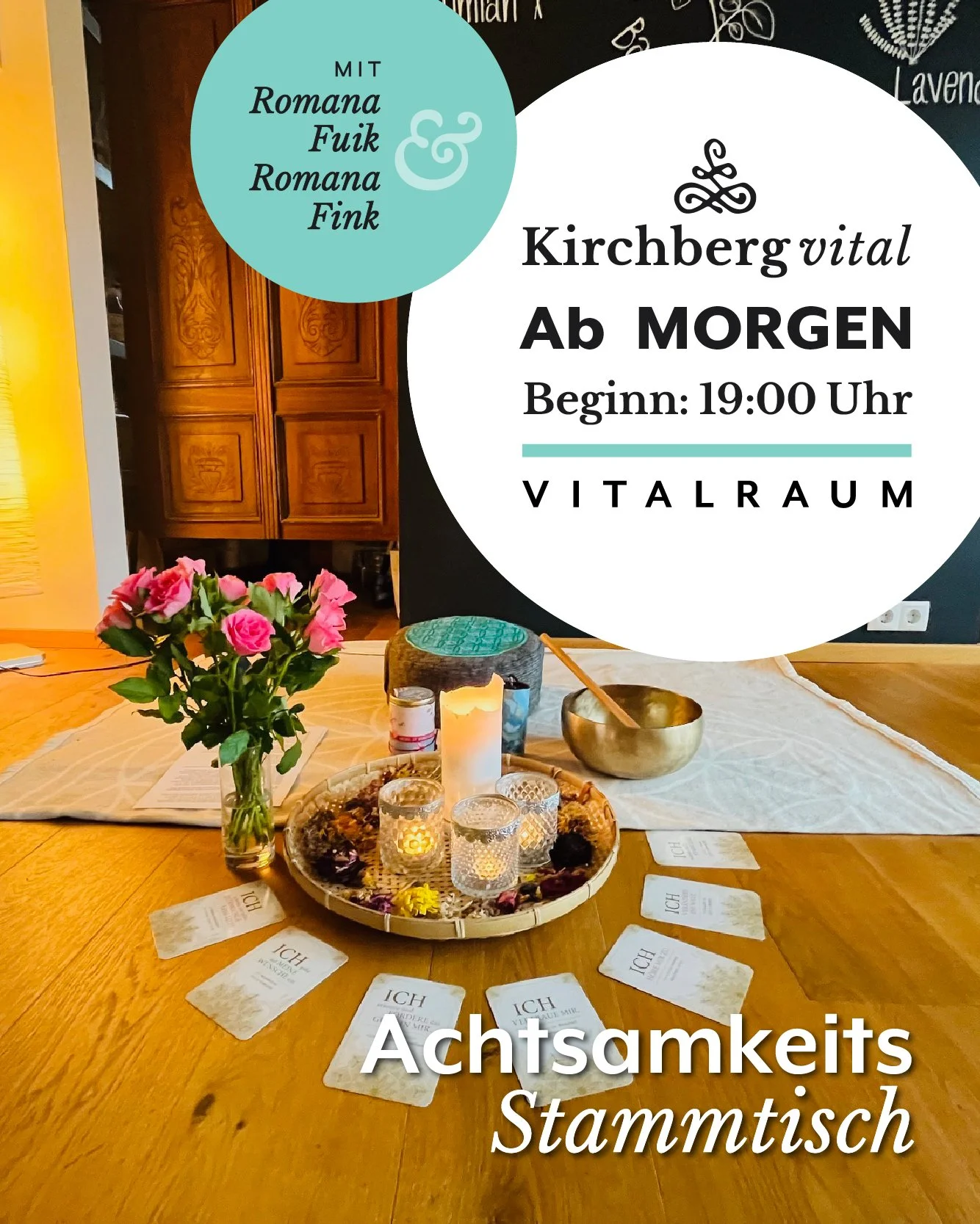 Achtsamkeits-Stammtisch
​​​mit ​​​Romana ​​​Fuik ​​​und ​​​Romana ​​​Fink
​​
​​​Das ​​​ist ​​​deine ​​​&ldquo;Me-Time&rdquo; ​​​- ​​​nimm ​​​dir ​​​eine ​​​Auszeit ​​​vom ​​​Alltag!
​​​
​​​Einmal ​​​im ​​​Monat ​​​laden ​​​Romana ​​​Fuik ​​​und ​​​Ro