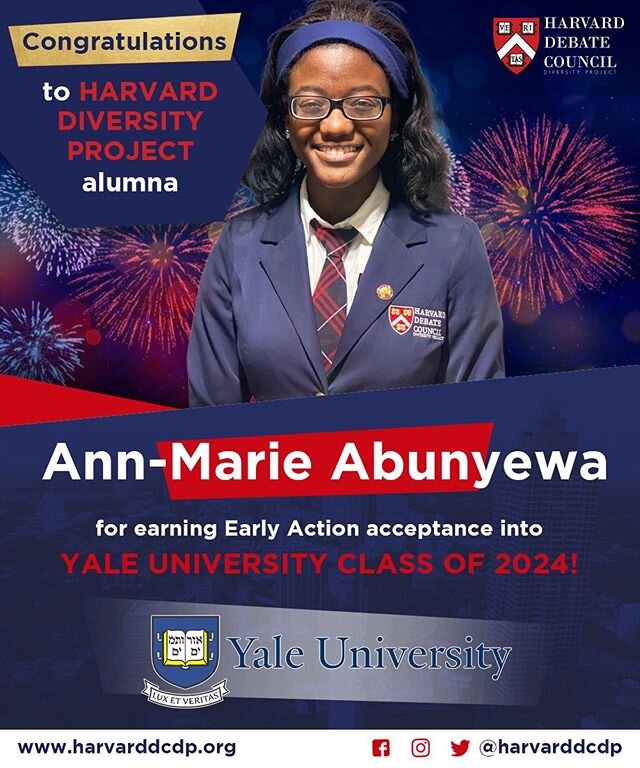🚨To our friendly rival, we are so happy to hand over one of our beloved #HarvardDiversityProject alum! // 🎊🎉CONGRATULATIONS to Ann-Marie, from our inaugural class, for earning Early Action acceptance into the @Yale University Class of 2024!!! 🎉🎊