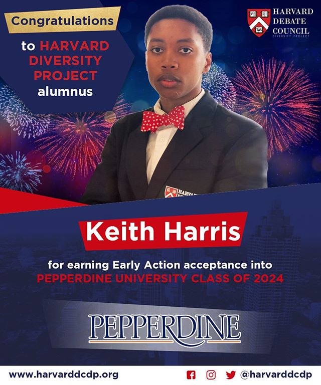 🚨Congratulations to Keith Harris, our most recent debate champion, for earning Early Action acceptance into #PepperdineUniversity 🎊🎉