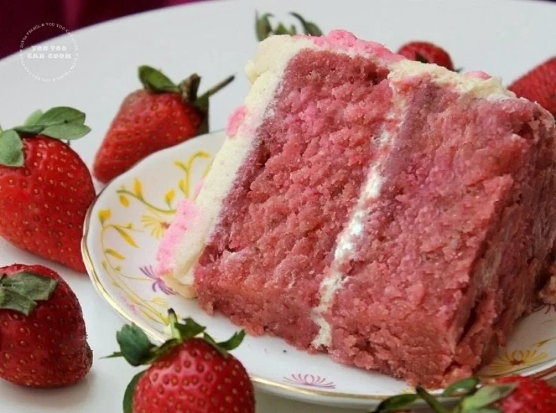 Strawberry Cake Moist strawberry cake filled with strawberry buttercream.