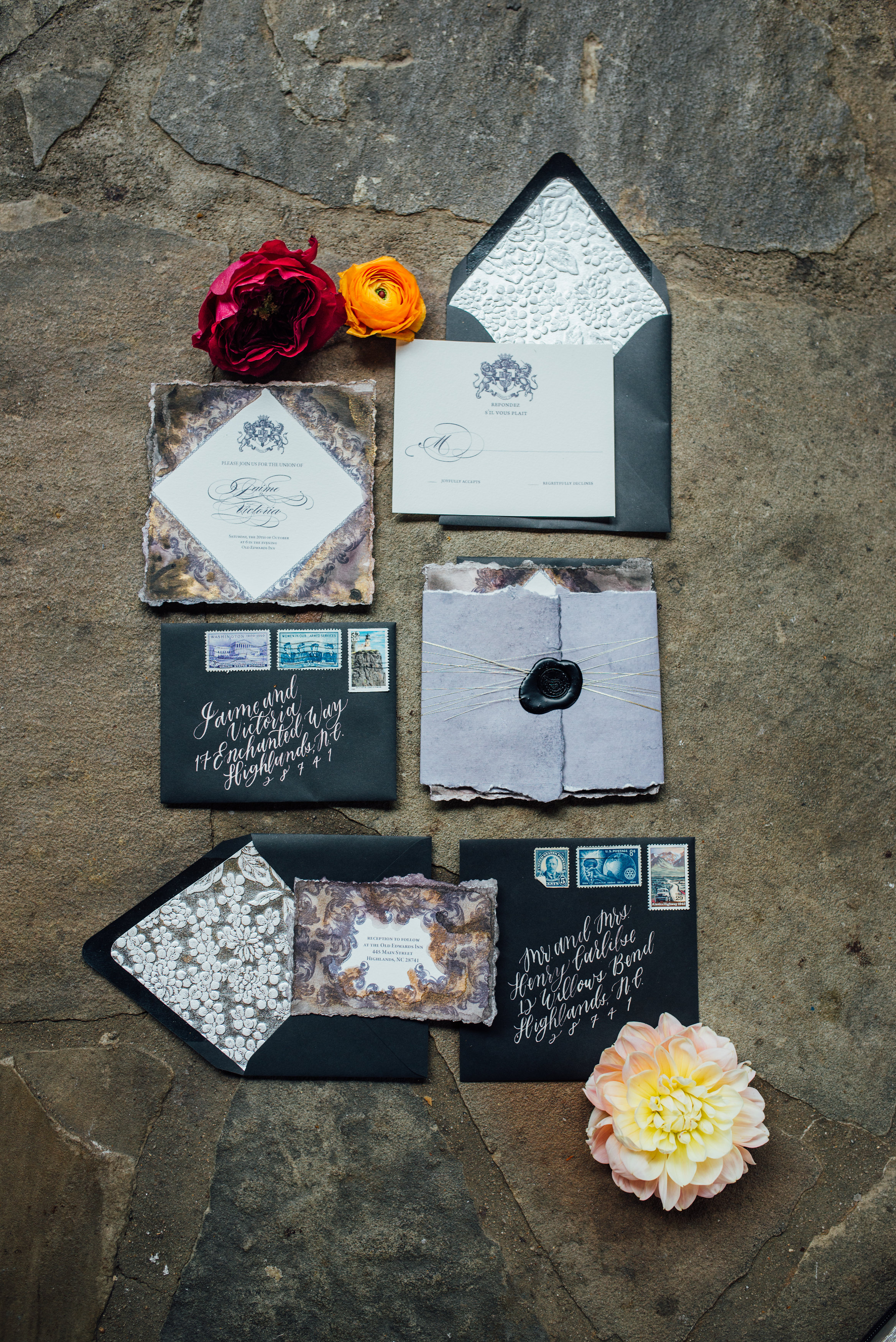 Game of Thrones Editorial Shoot by Whiskey & White Events. At the Old Edwards Inn in Highlands, NC. Photo by Cameron Reynolds Photography Design & Styling by Whiskey & White Events Paper by One and Only Paper Calligraphy by Quietude Co. Florals by Floressence Flowers
