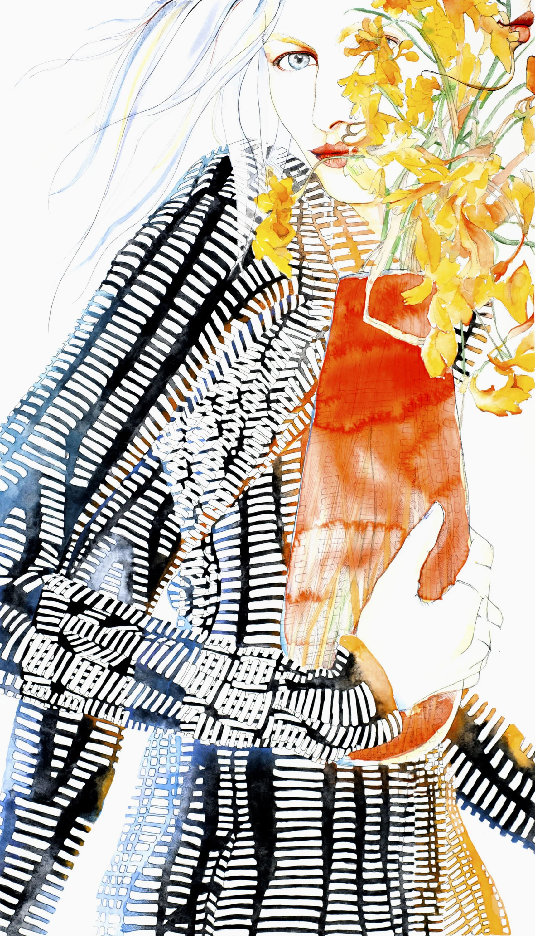 CADMIUM FREESIA REDUX, 2016 Watercolor, pen + ink, and gouache on paper 30 x 18 inches Original in private collection.