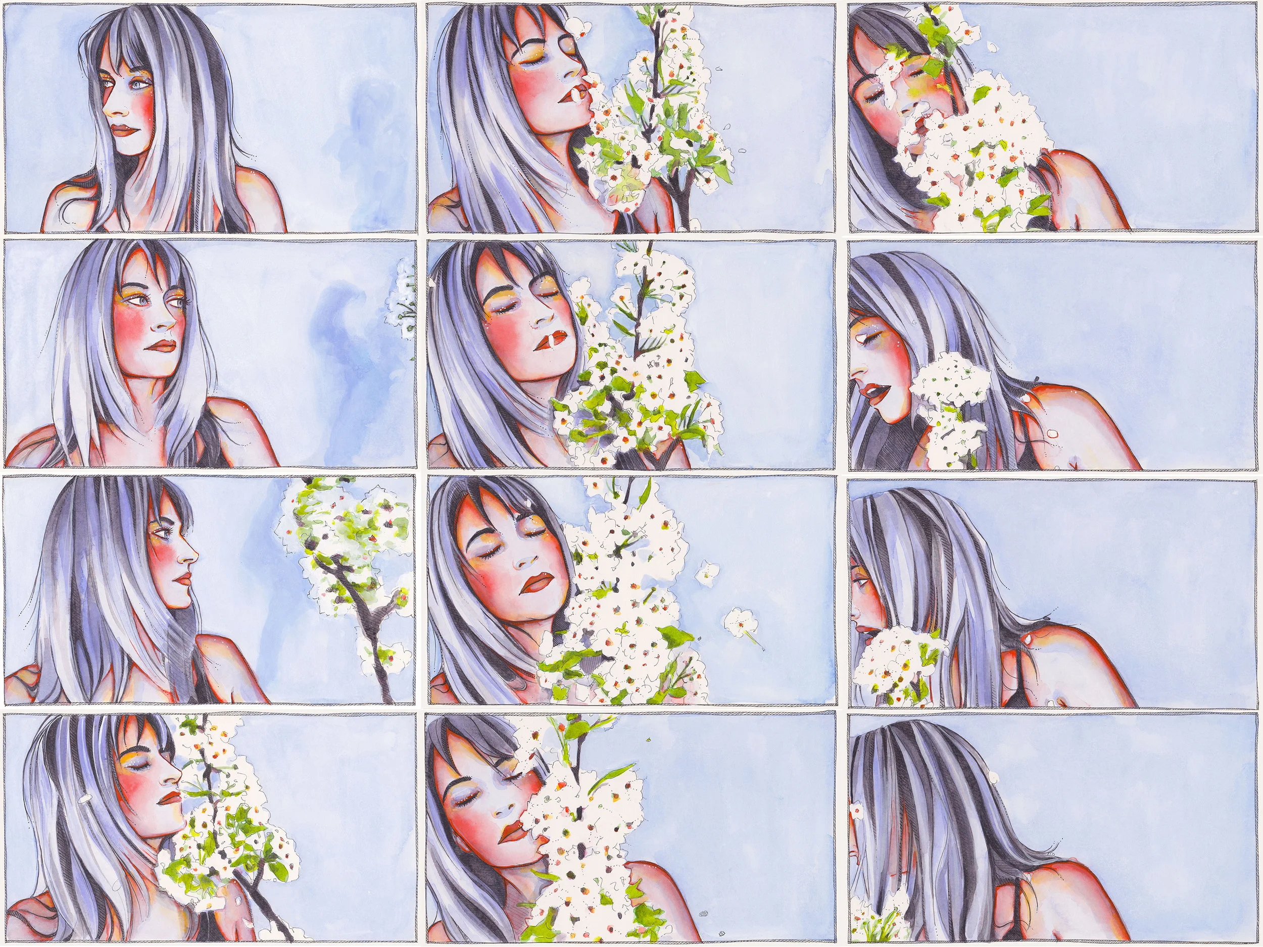 THE SLAP: SERIES 1 (FRAMES 001-012), 2017 Watercolor, pen + ink, and gouache on paper Each frame — 5.75 x 10.25 inches shop original paintings