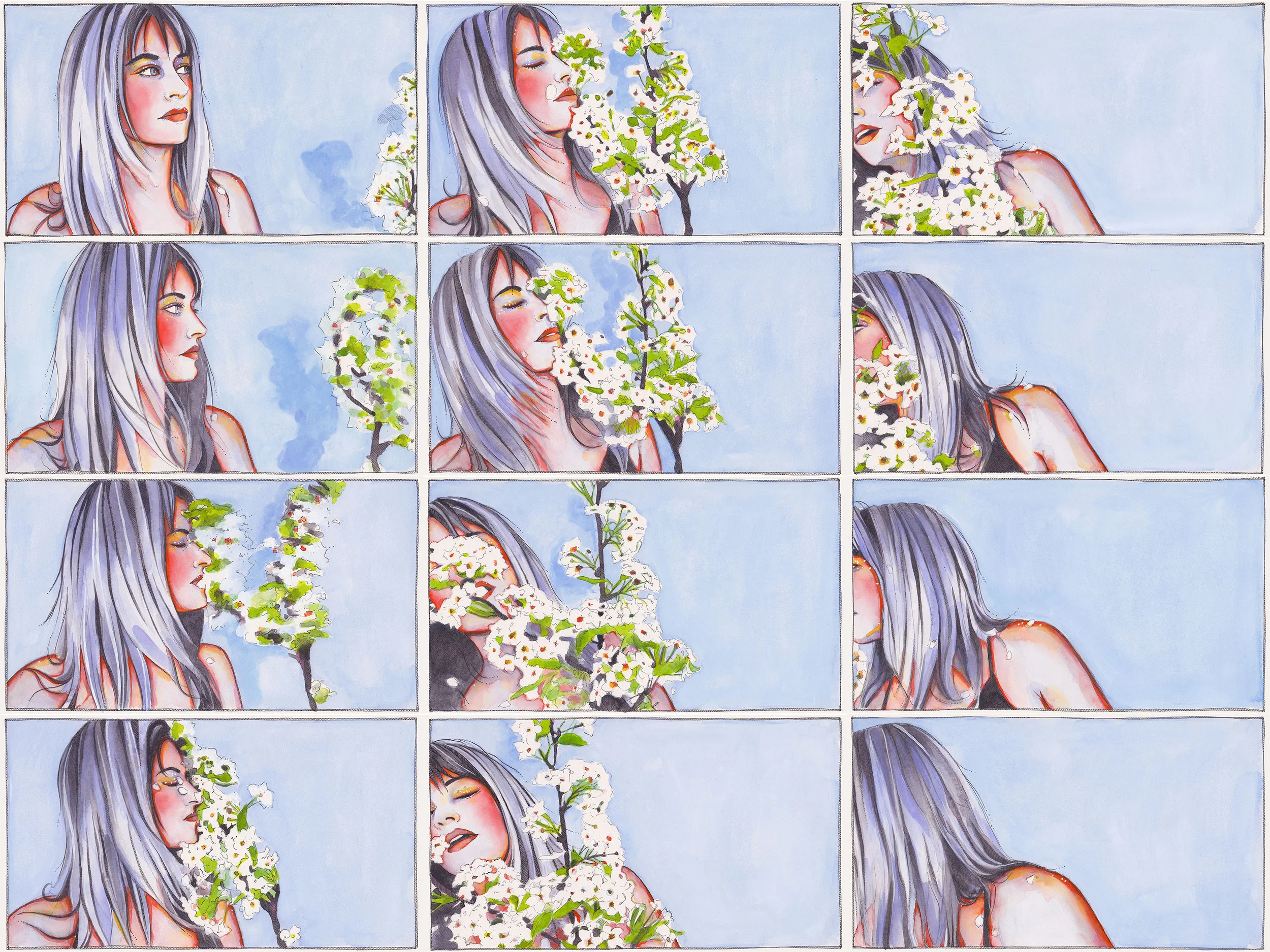 THE SLAP: SERIES 3 (FRAMES 025-036), 2017 Watercolor, pen + ink, and gouache on paper Each frame — 5.75 x 10.25 inches shop original paintings