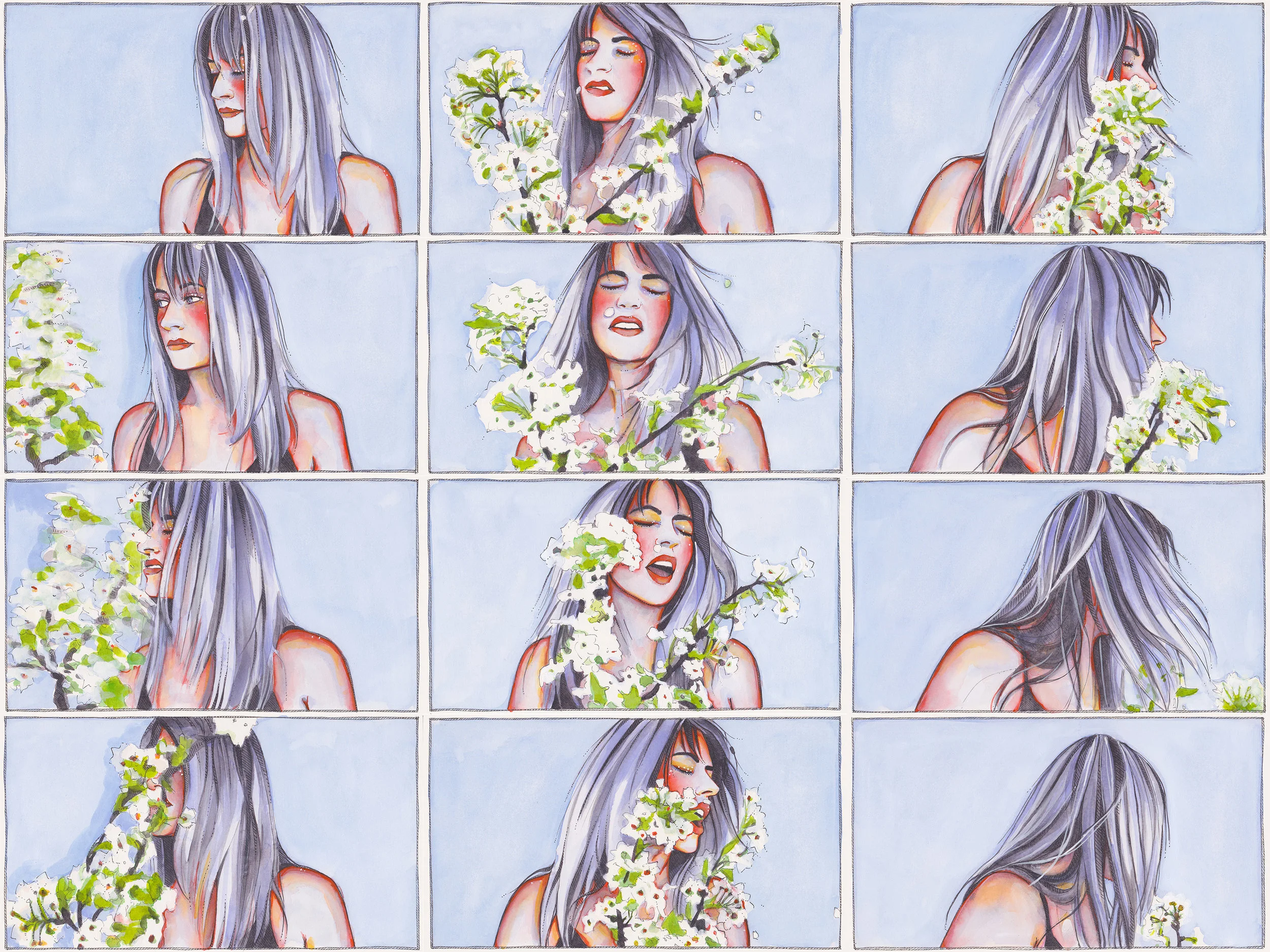 THE SLAP: SERIES 5 (FRAMES 049-060), 2017 Watercolor, pen + ink, and gouache on paper Each frame — 5.75 x 10.25 inches shop original paintings