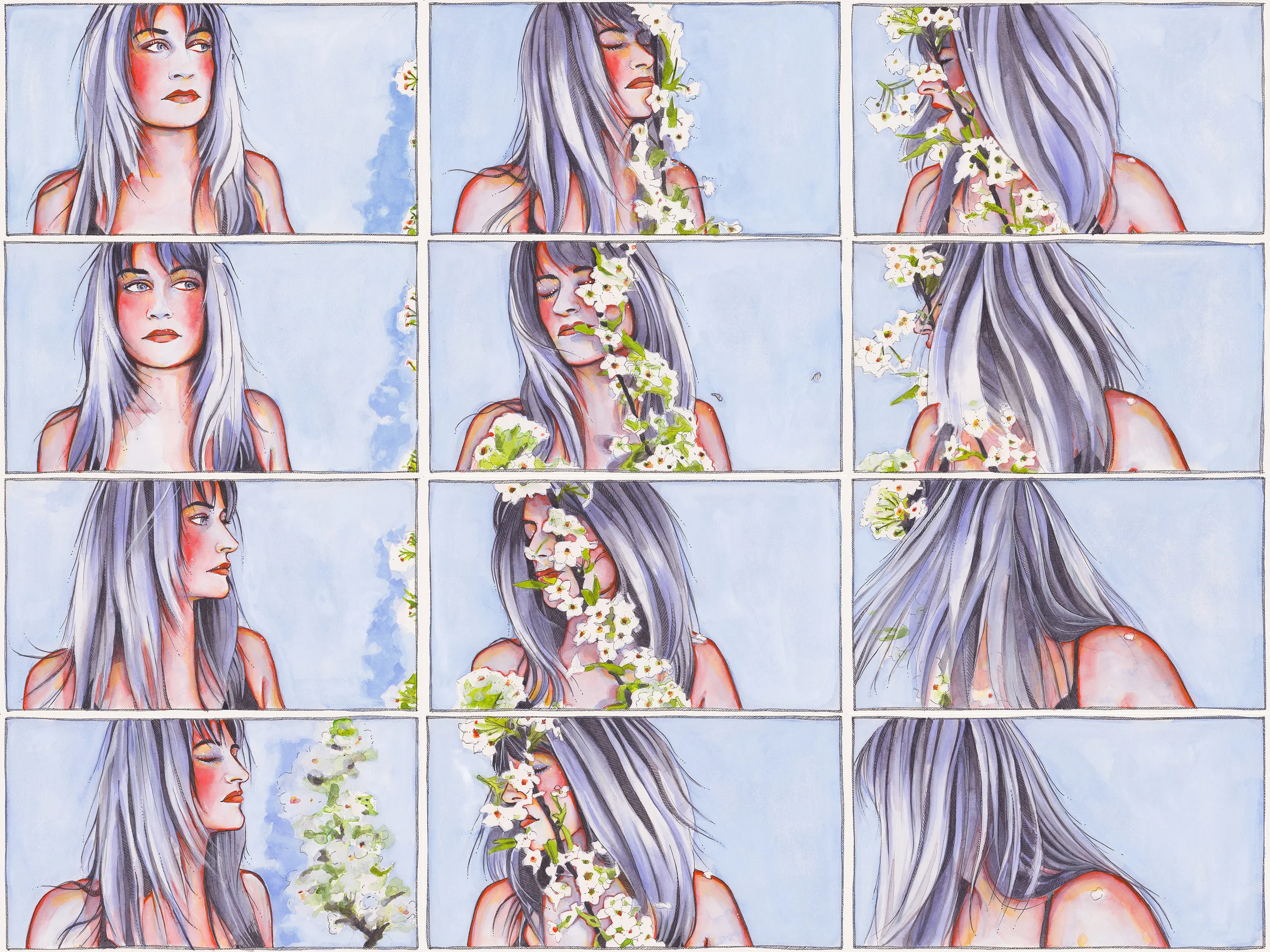 THE SLAP: SERIES 7 (FRAMES 073-084), 2017 Watercolor, pen + ink, and gouache on paper Each frame — 5.75 x 10.25 inches shop original paintings