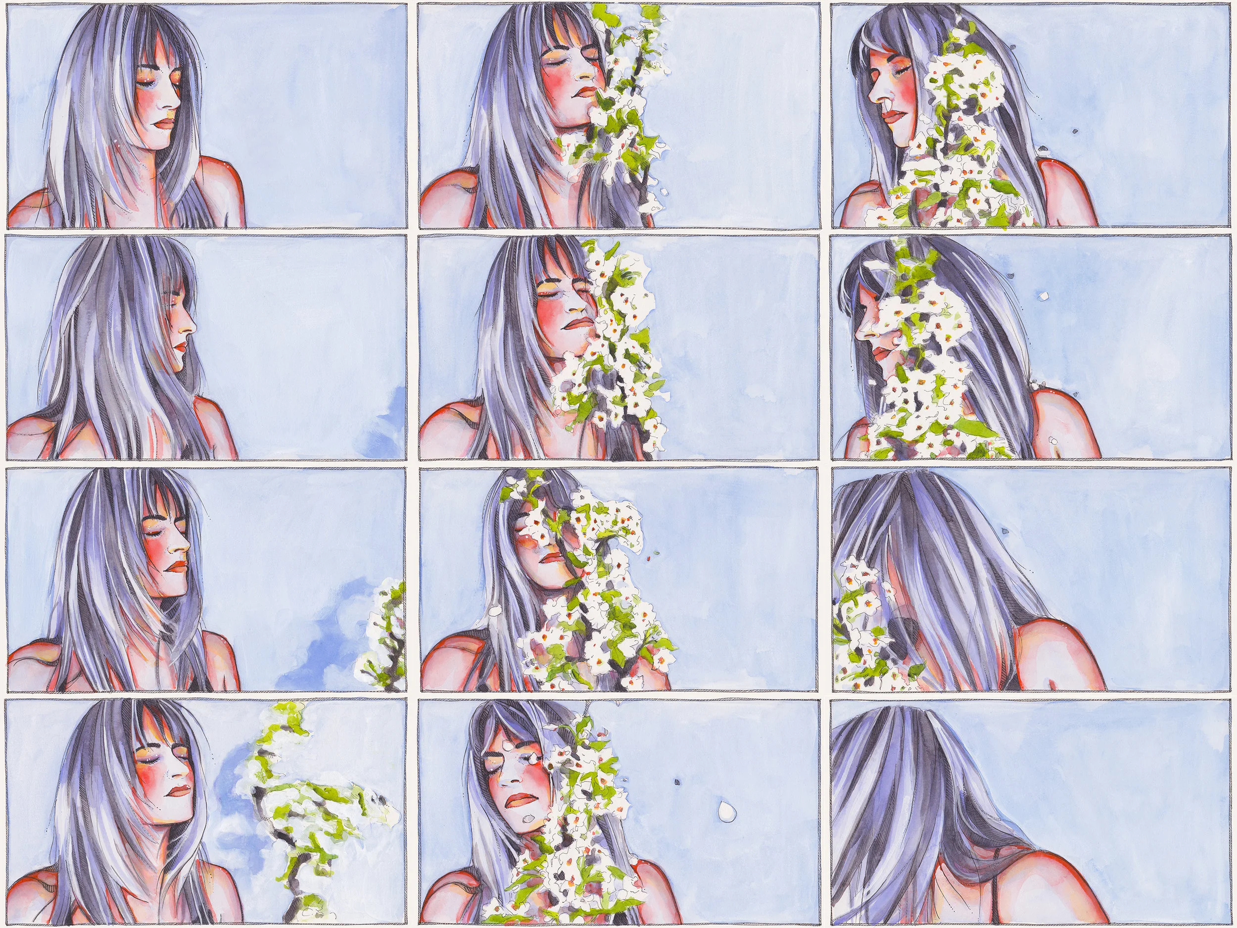THE SLAP: SERIES 11 (FRAMES 121-132), 2017 Watercolor, pen + ink, and gouache on paper Each frame — 5.75 x 10.25 inches shop original paintings