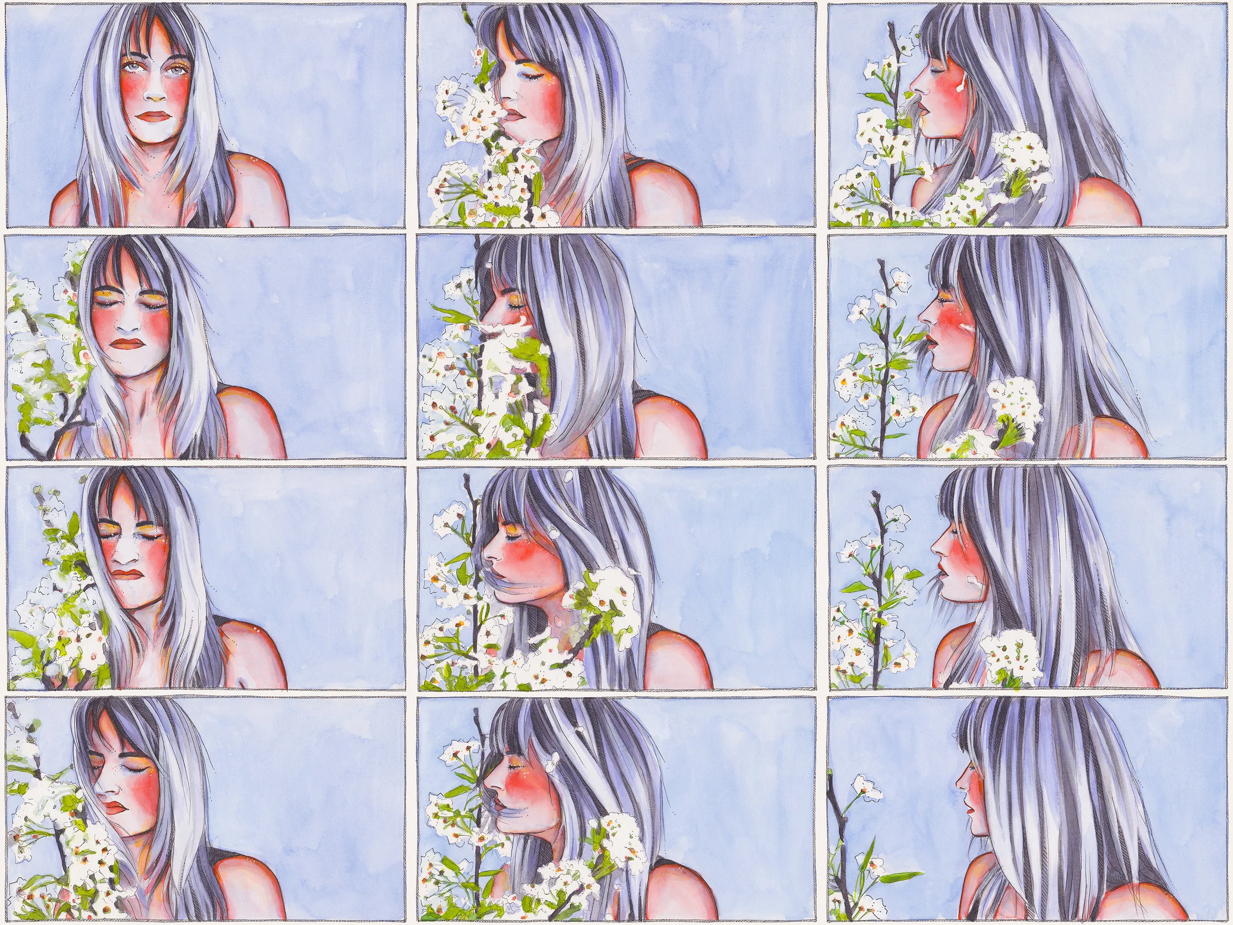 THE SLAP: SERIES 14 (FRAMES 157-168), 2017 Watercolor, pen + ink, and gouache on paper Each frame — 5.75 x 10.25 inches shop original paintings