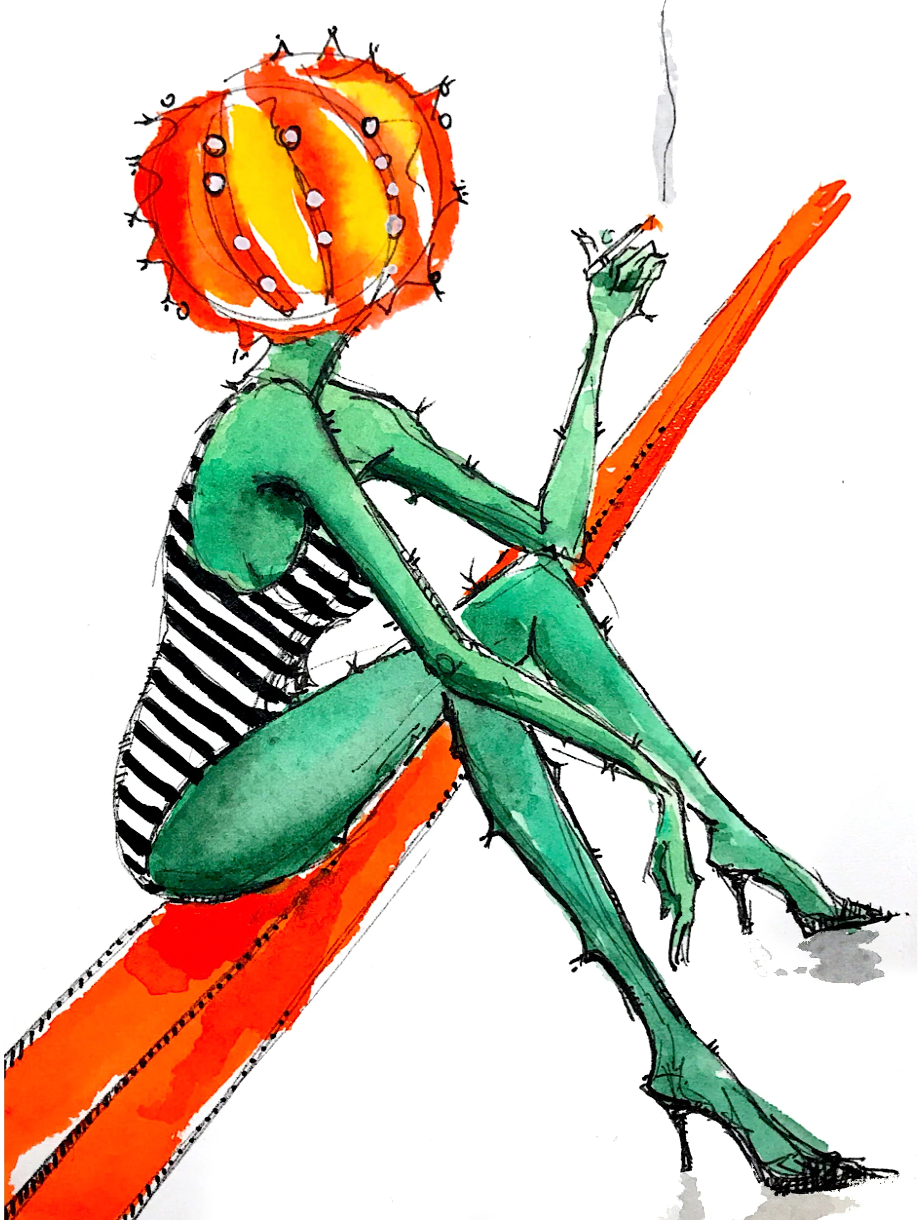 MOON CACTUS SMOKE BREAK, 2017 Pen + ink and watercolor on paper 7 x 5 inches Original in private collection.