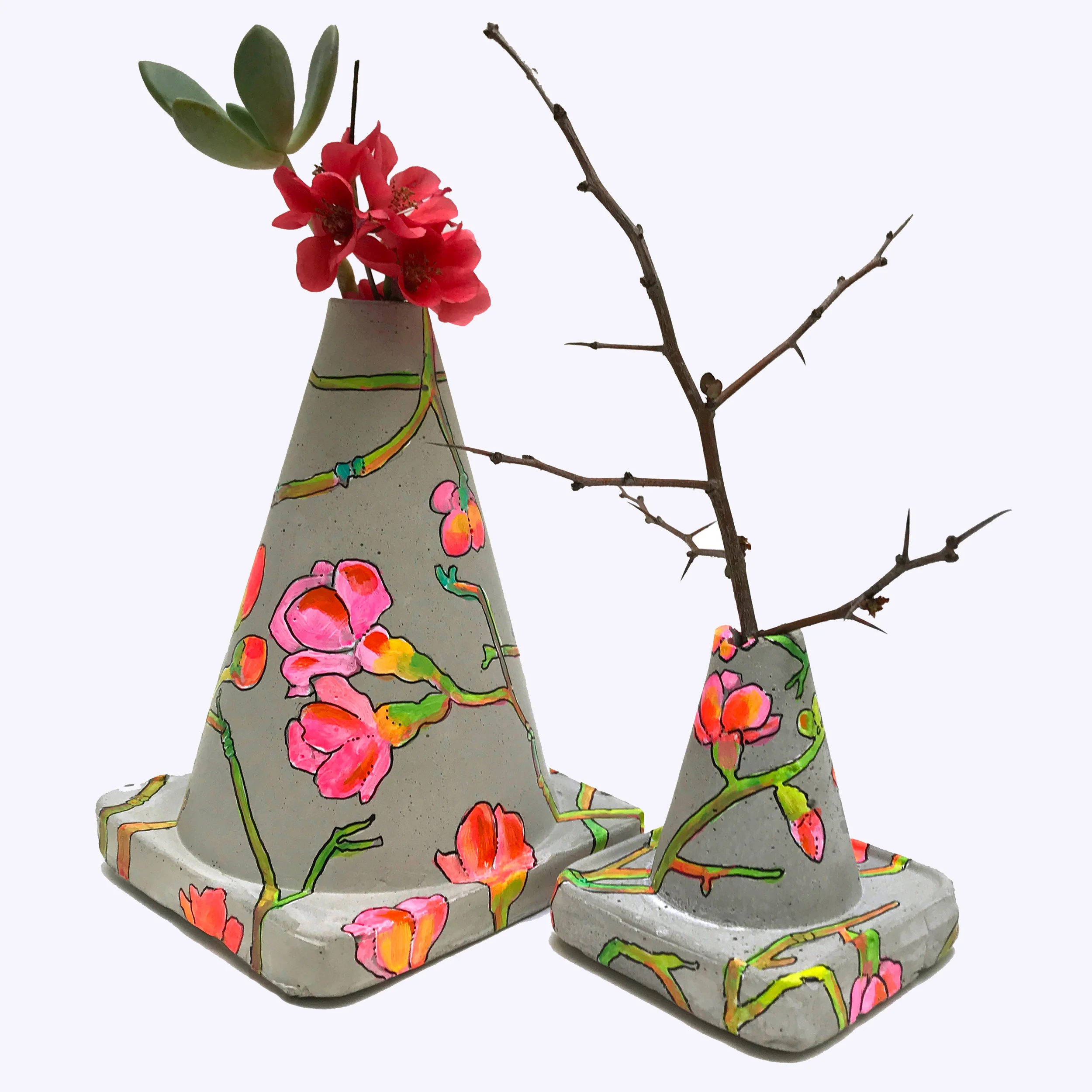 FLOWERING QUINCE CONCRETE TRAFFIC CONE VASES, 2018 Concrete and acrylic Variable size shop original sculptures