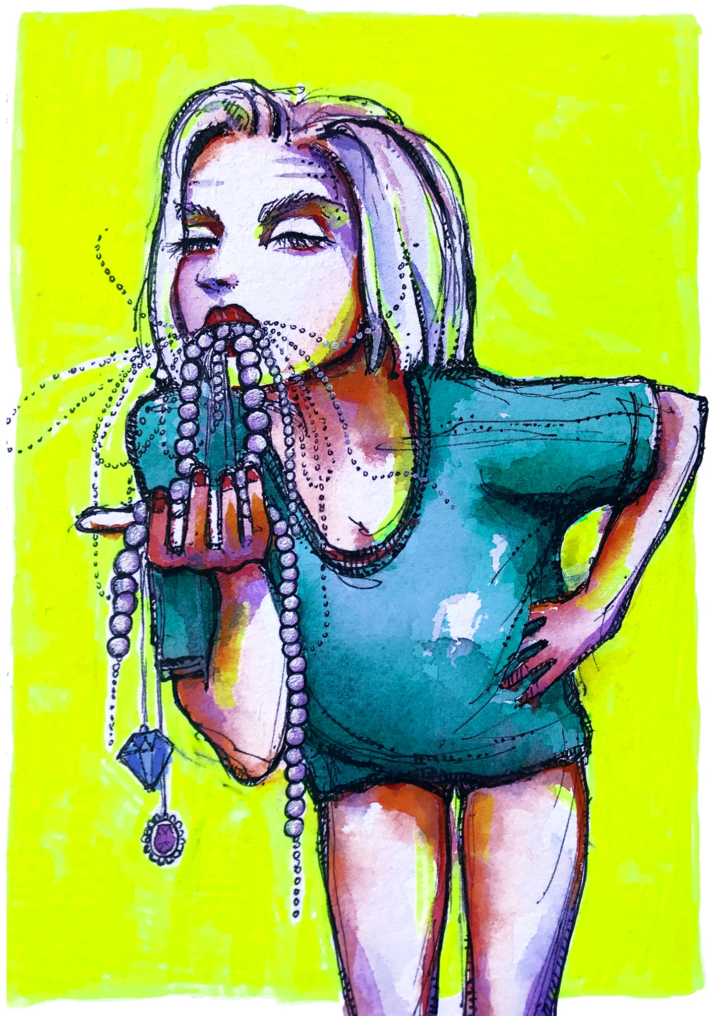 PEARL MONOLOGUE, 2019 Flashe, watercolor, pen + ink, and gouache on paper 7 x 5 inches inquire about purchase