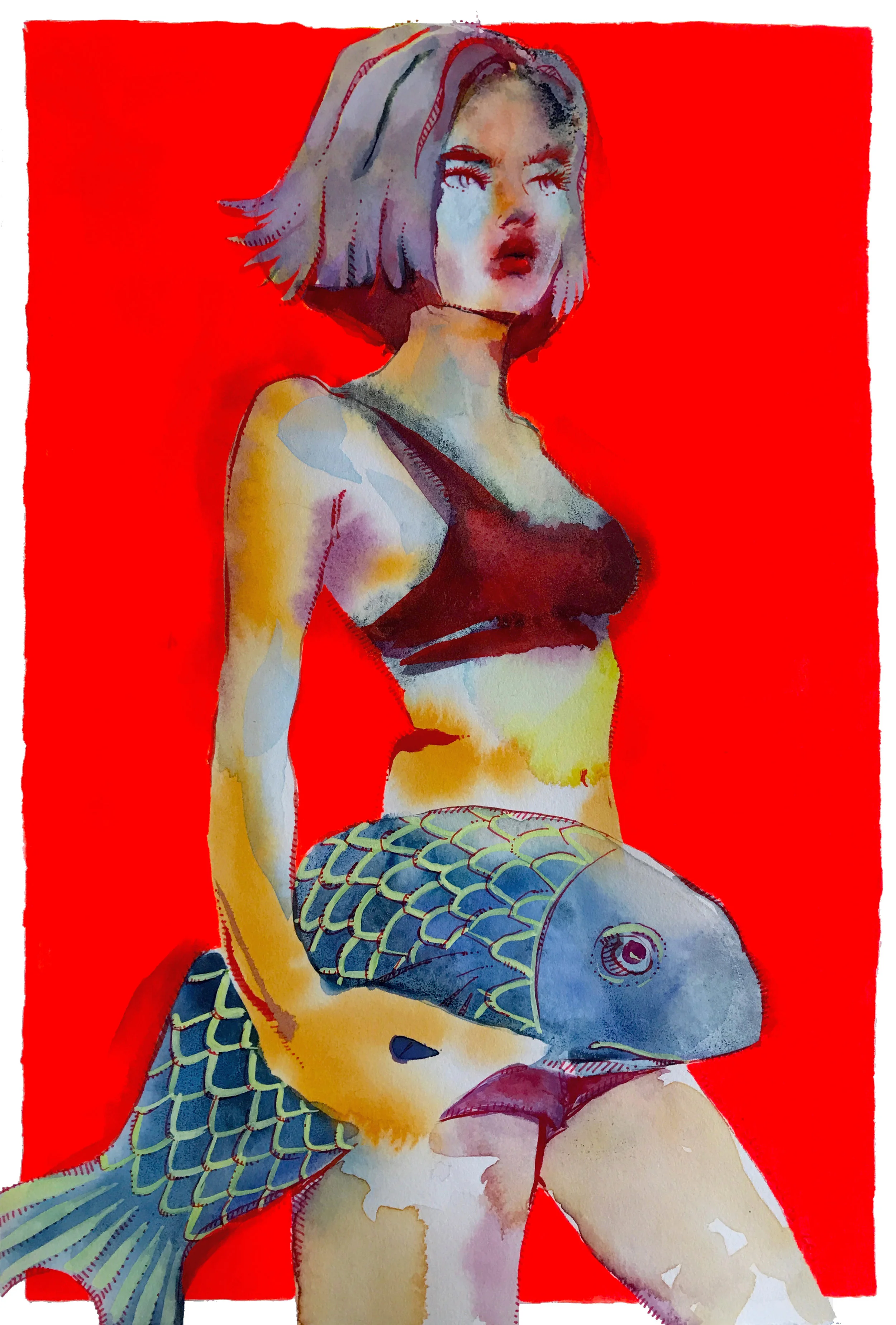 GONE FISHING, 2019 Flashe, watercolor, and ink on paper 13.25 x 9 inches Original in private collection.