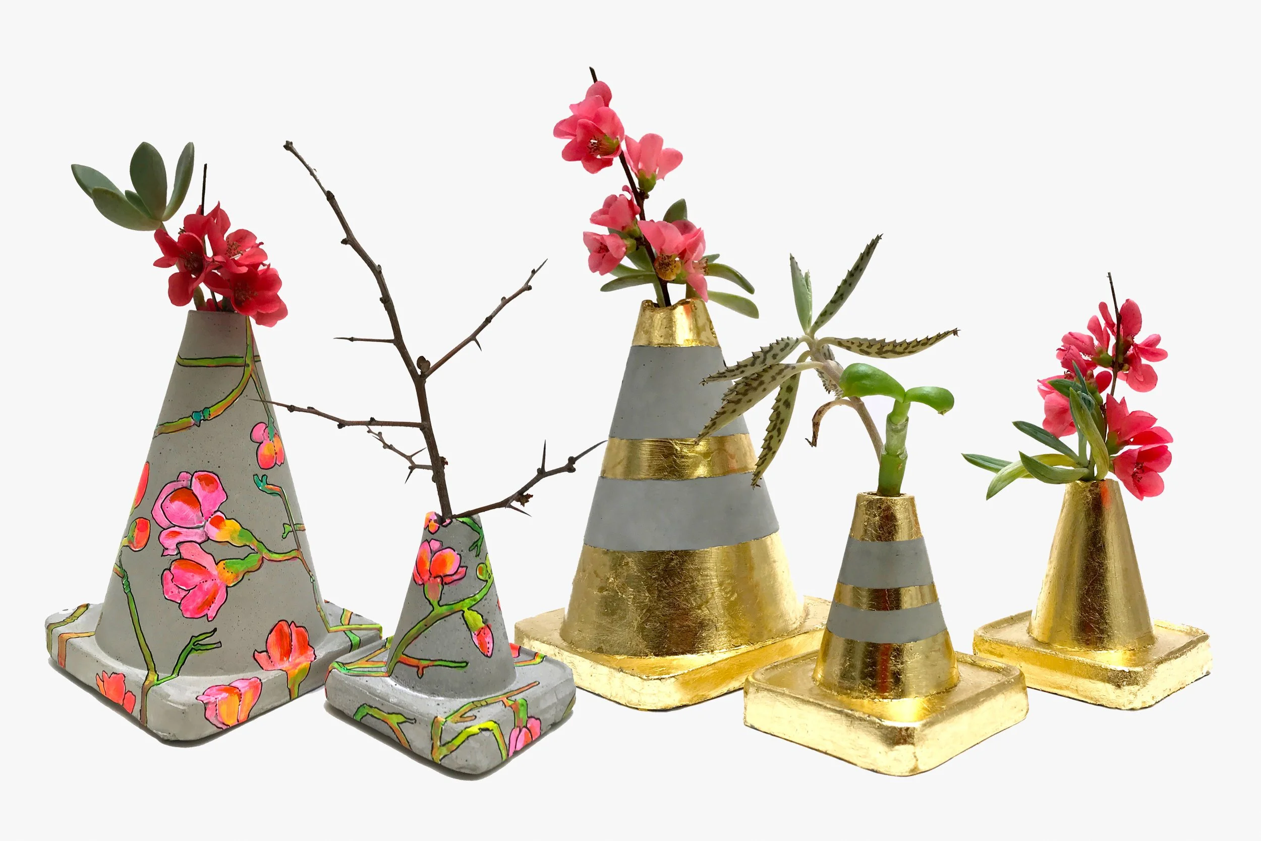 Flowering Quince and Gold Concrete Traffic Cone Vases , 2018 Concrete, acrylic, and gold leaf Variable size shop objects >