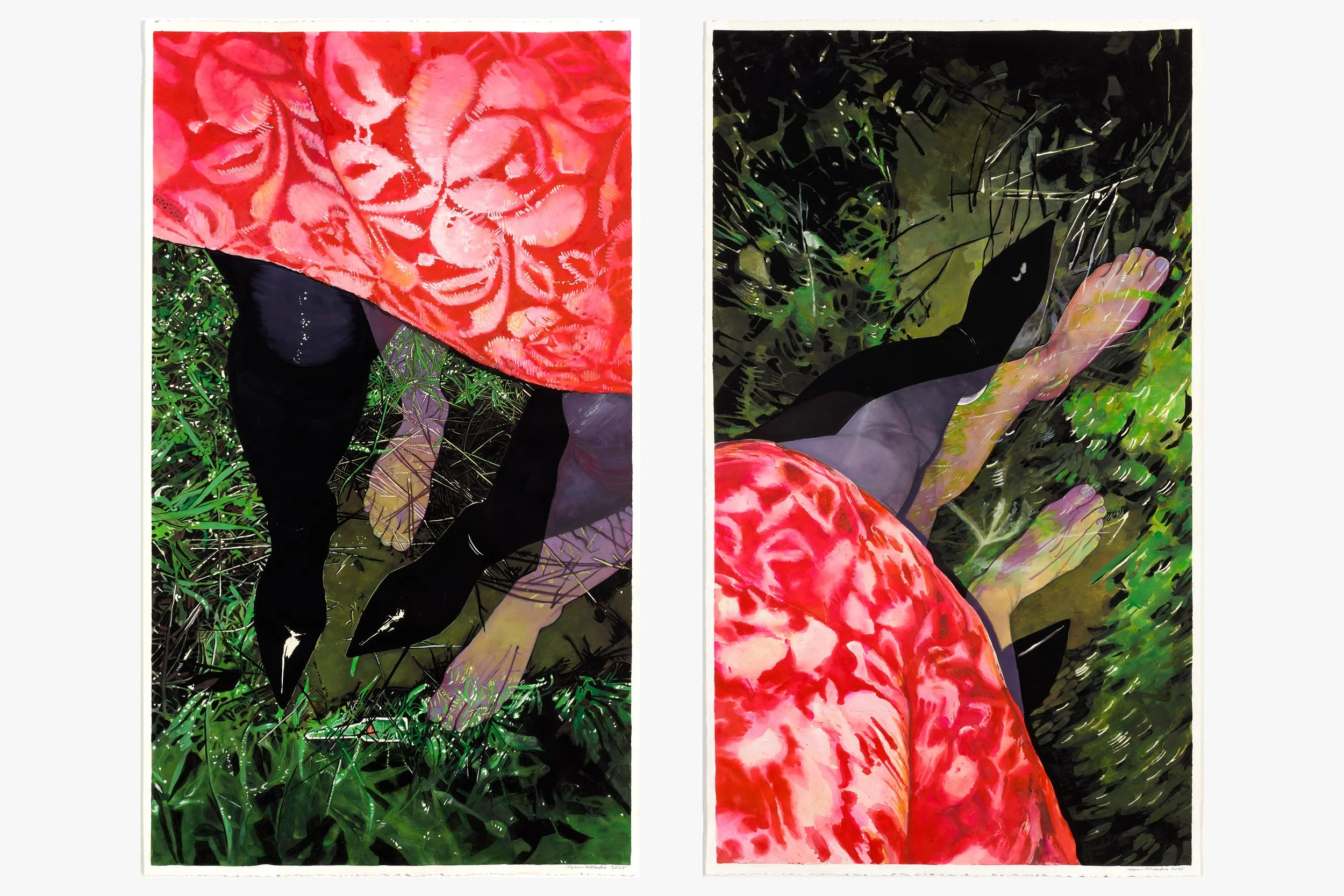    Marauders I   and   Marauders II,   2025 Watercolor and gouache on paper 52 × 30 inches (each) 