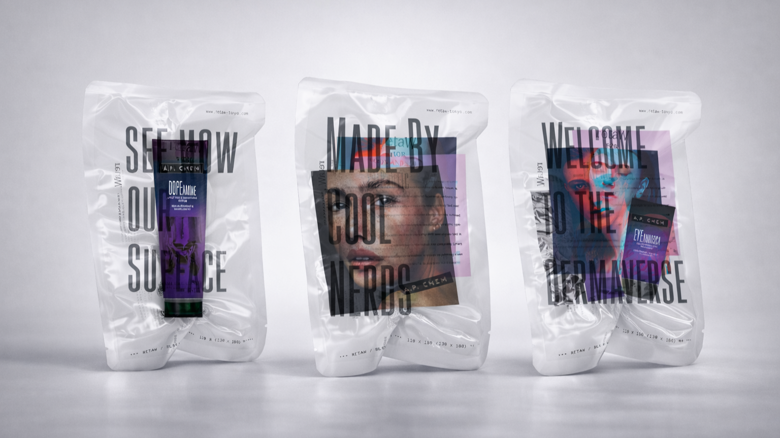  Printed collateral and product sampling packaged in a clear envelope with printed brand messaging. 