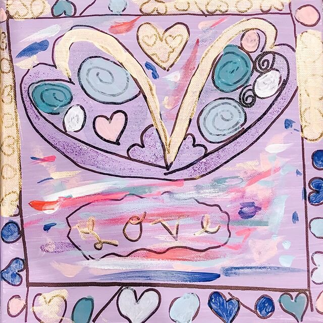 Valentines Canvas painting &ldquo;Laurel Burch&rdquo; style! Each student created their own base color last week mixing primary colors and white and covered their canvas. This week they drew their designs using shapes, lines, and patterns with sharpi