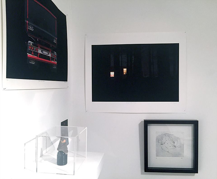 Installation view showing "House With Dog" and "Rock Truck, Black" in group show at Ekco London (photo Roberto Ekholm)