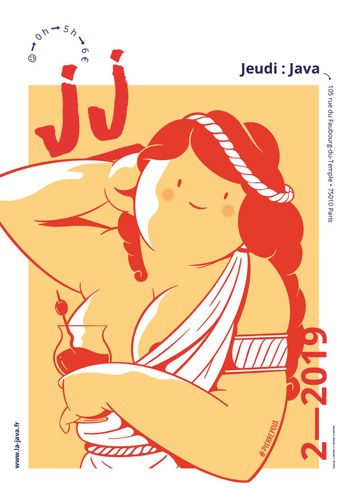 Affiche réalisée pour les “Jeudi Java” organisés par le club la java à Paris illustration : Pierre Poux | graphisme : Julie Marchal ( maison table )