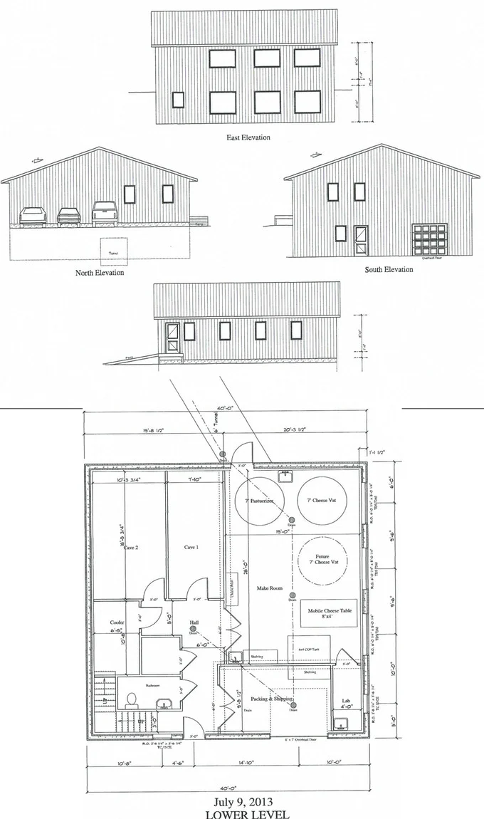 Construction and elevation plans for the Redhead Creamery.