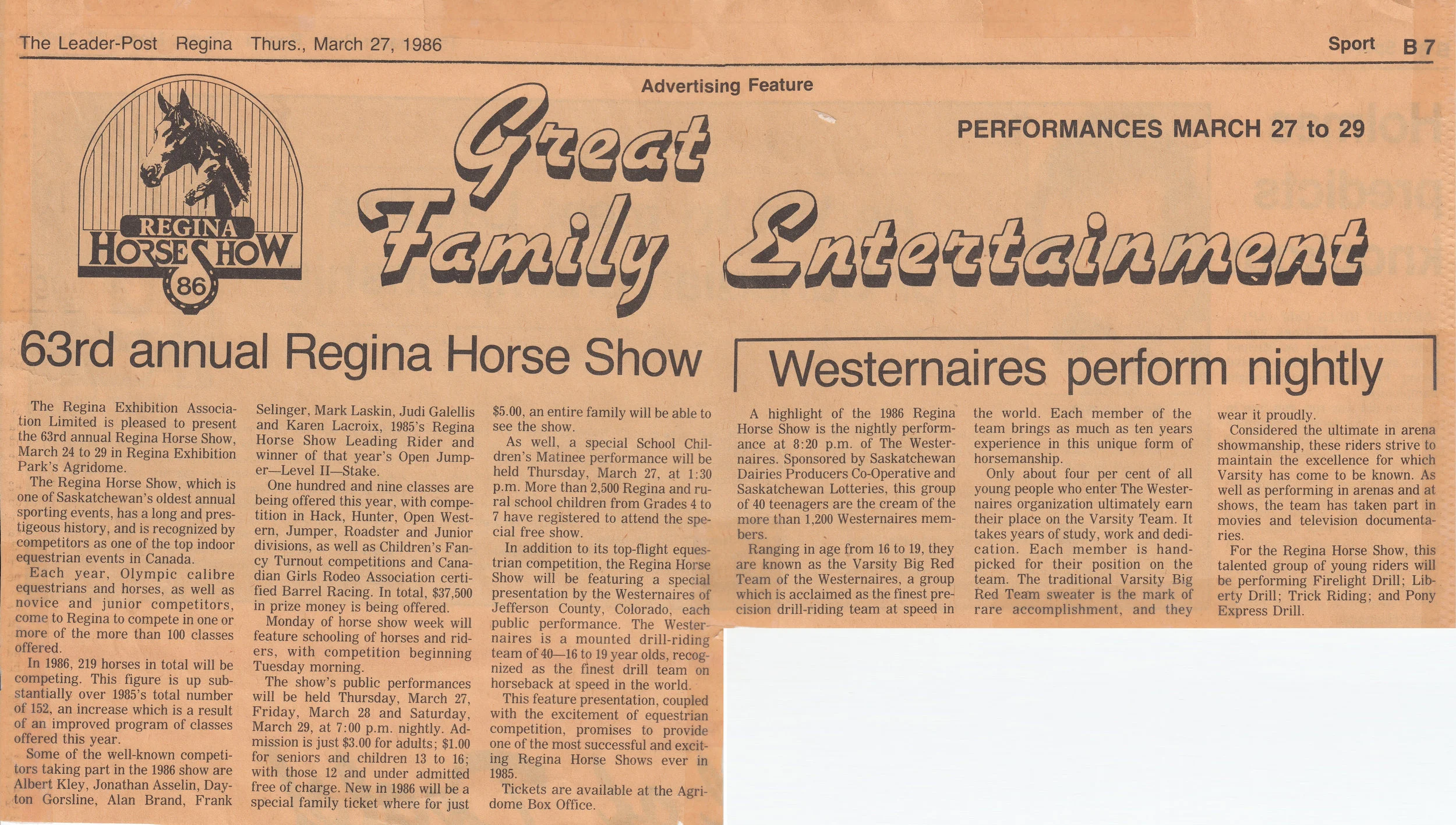 Regina Leader-Post 's article, dated March 27th, 1986