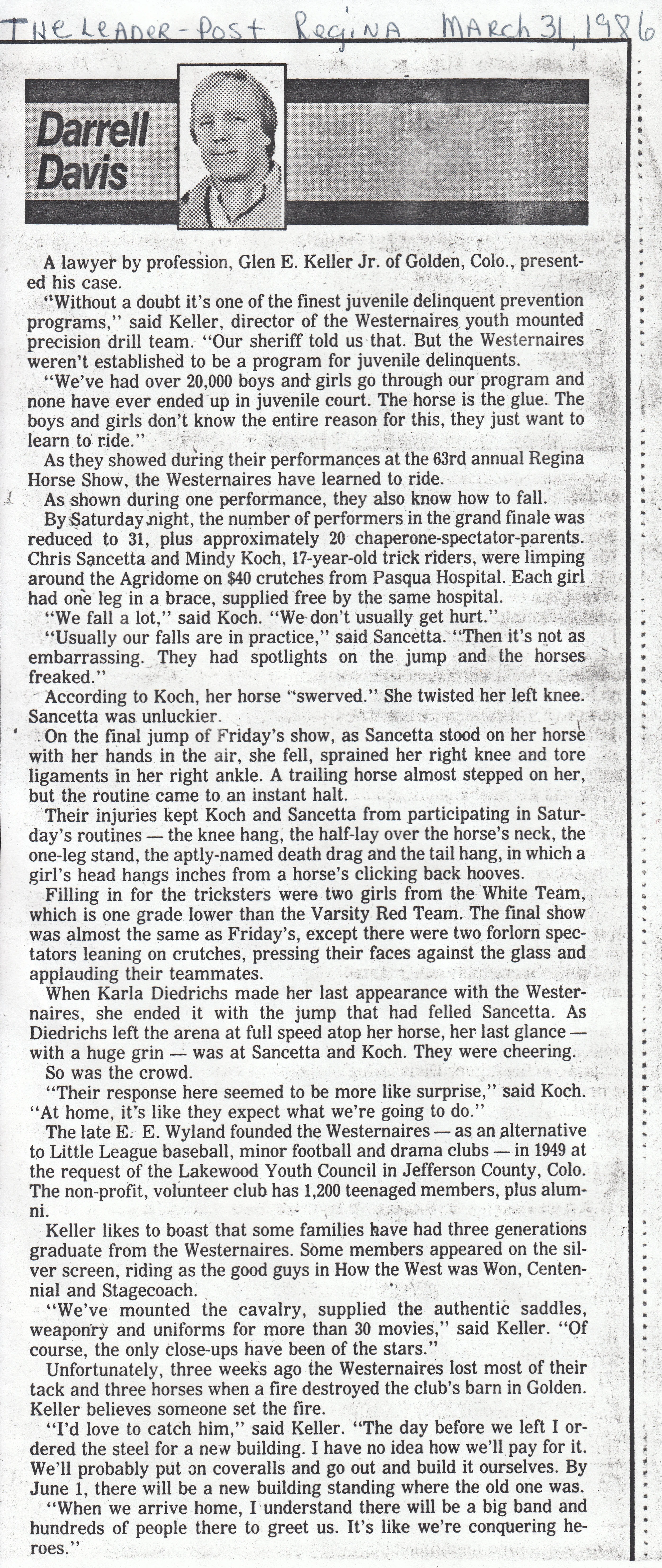 Regina Leader-Post 's article, dated March 31st, 1986