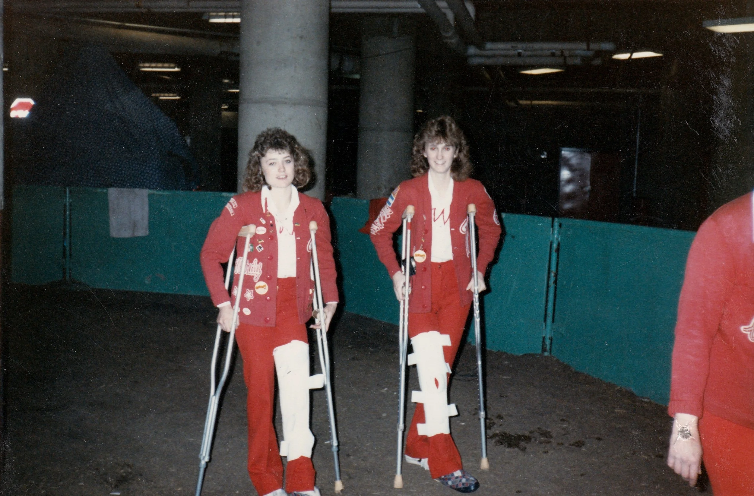 Mindy Koch (left) and Chris Sancetta (right) both injured themselves during trick riding practice in Regina. Impressively though, their horses were going over a jump while they performed the Hippodrome trick (i.e., standing up).