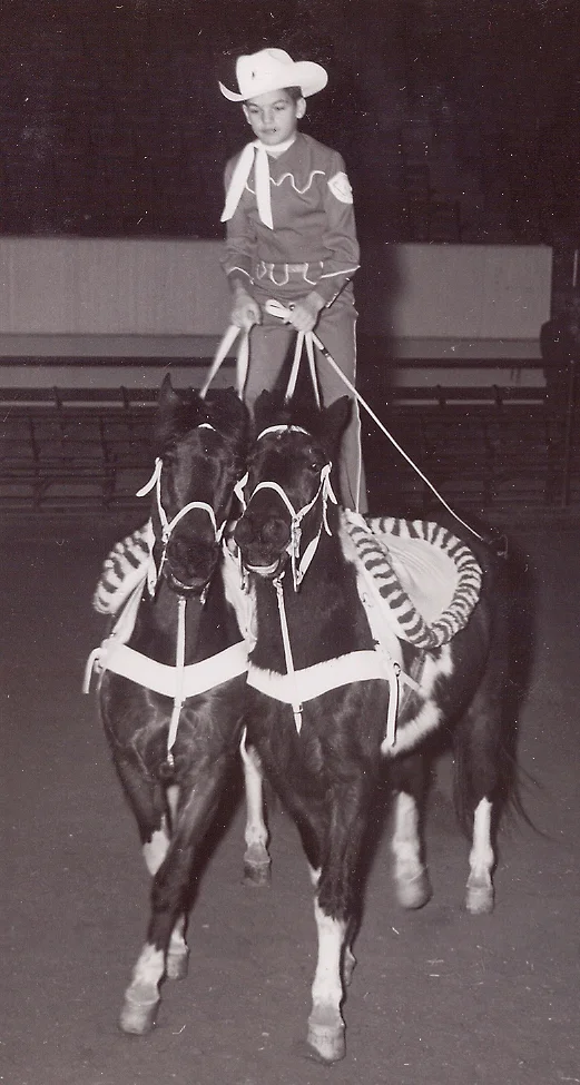 Dick Hammond, Westernaires roman rider, was featured in the Westernaires acts at the 1955 National Western Stock Show.