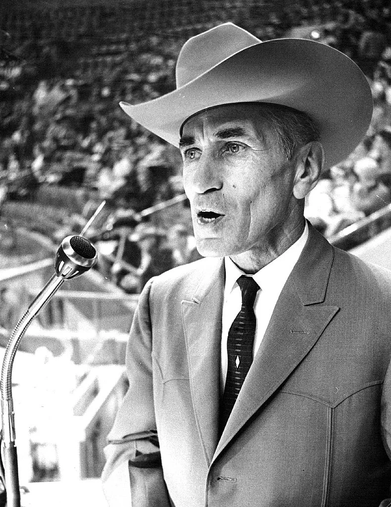 Cy Taillon announcing Denver's National Western Stock Show Rodeo in 1965.