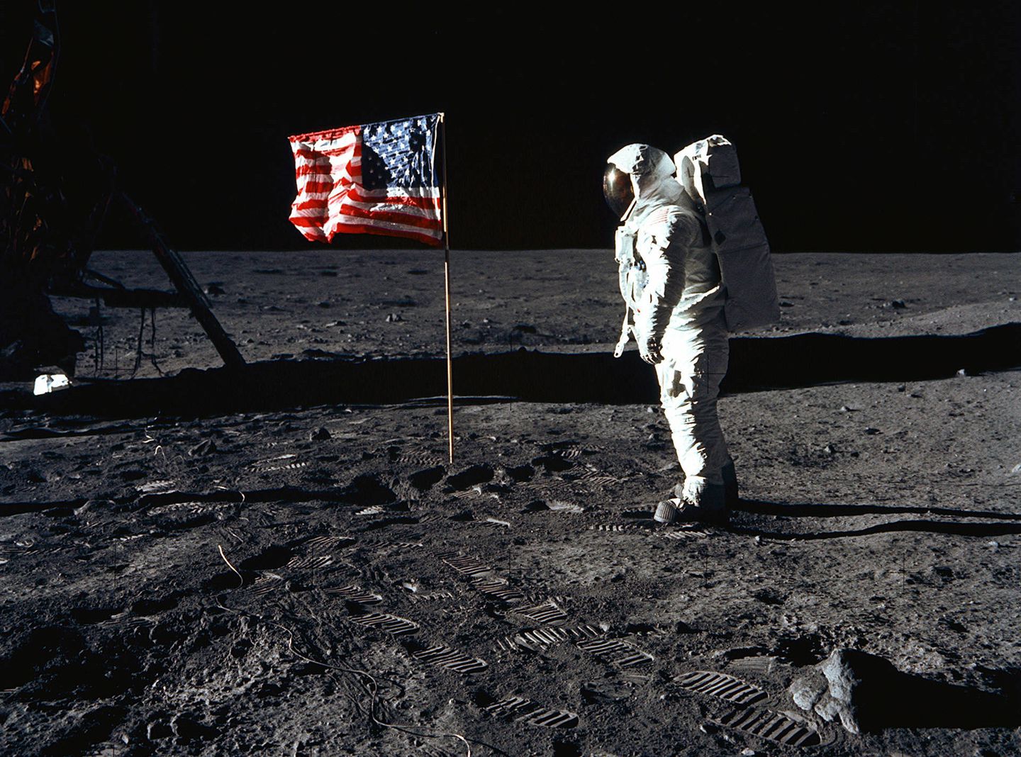 U.S. astronauts of the Apollo 11 take their first steps on the moon’s surface, July 20th, 1969