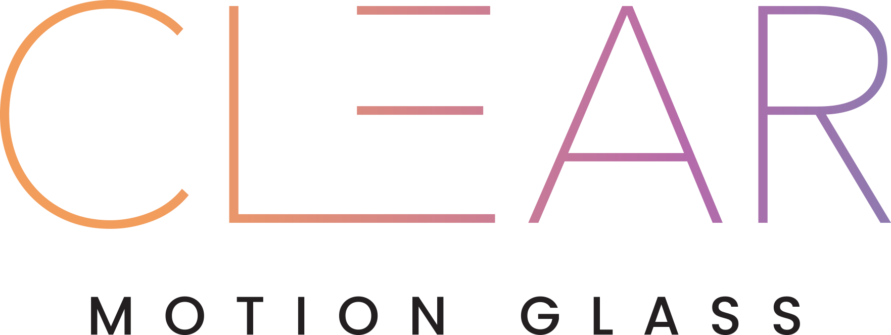 Logo of Clear Motion Glass with the brand name in colorful outlined letters and the tagline 'Motion Glass' below in black text.