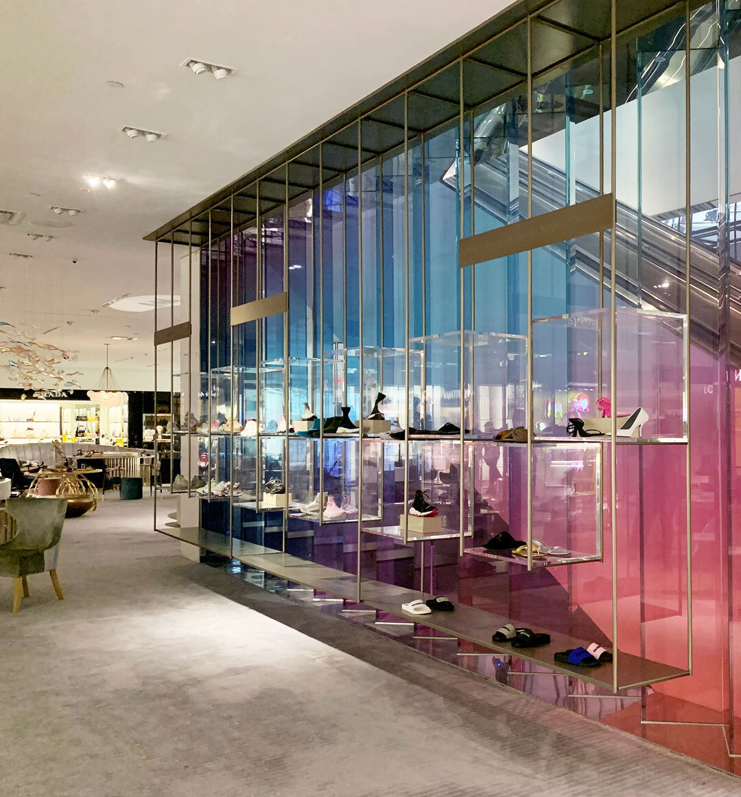 3,000 sq. ft. of Bendheim&rsquo;s Fade&reg; architectural #glass brighten the new multi-level SaksFifthAvenue store in Bal Harbour, Miami Beach, FL. Design by NELSON Worldwide and HVC Global Design. Installation by Miller Glass &amp; Glazing Inc. htt