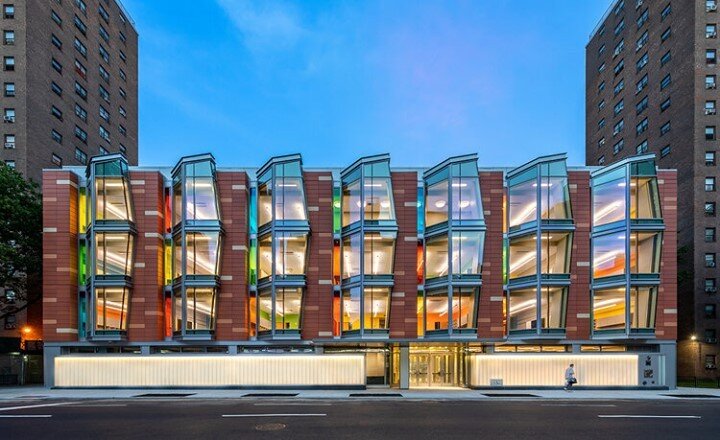 Bendheim&rsquo;s three-dimensional channel #glass quietly complements the unique geometric facade of the new Cooke School in East Harlem by PBDW Architects. It envelops the ground floor in a luminous translucent glass ribbon, while forming clean glas