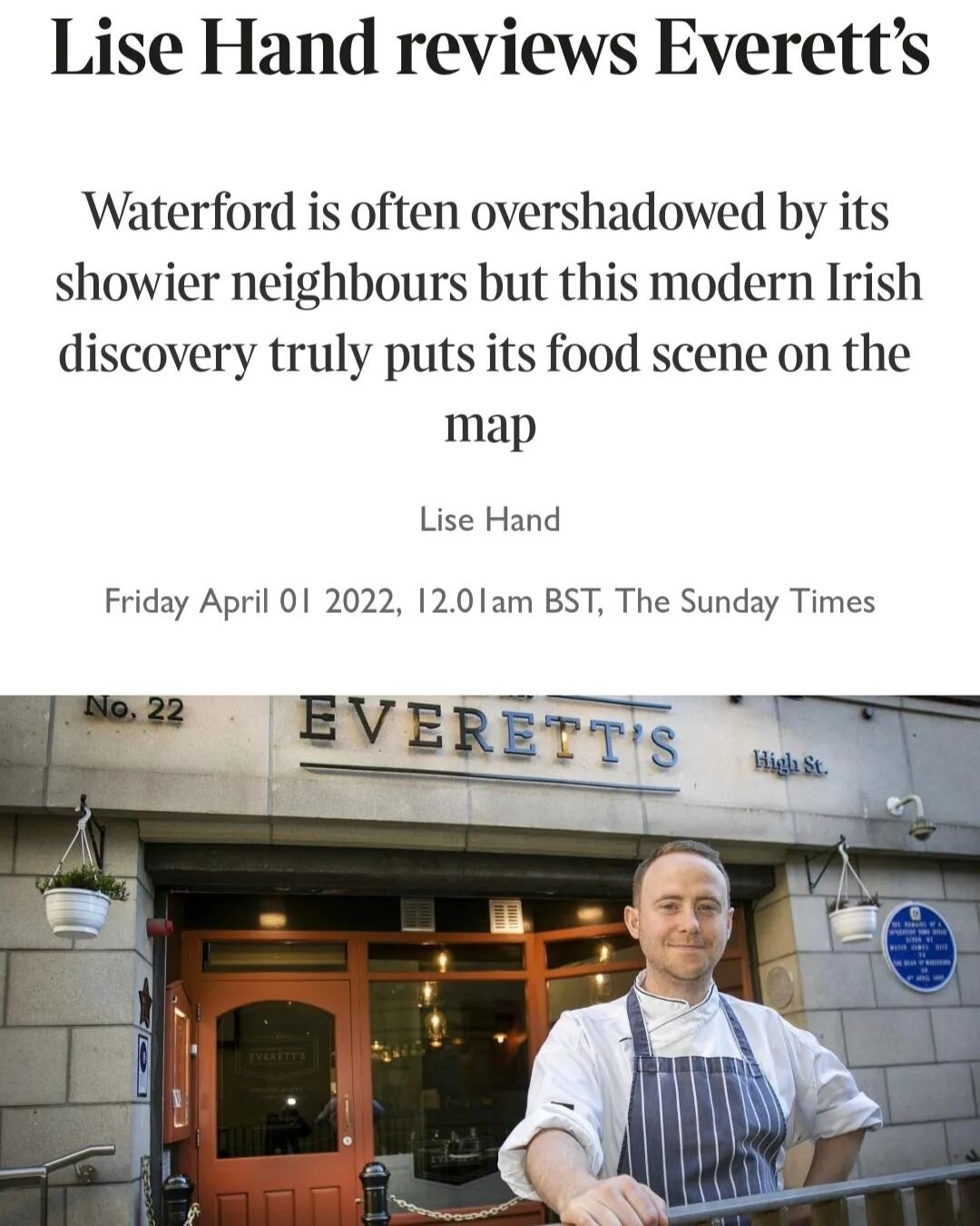 It's our 4th birthday weekend and this is a perfect way to start! Thank you to Lise Hand for her review in the this weekend's Times 

https://www.thetimes.co.uk/article/lise-hand-reviews-everett-s-ljhpgdx6h

#Waterford #happybirthday