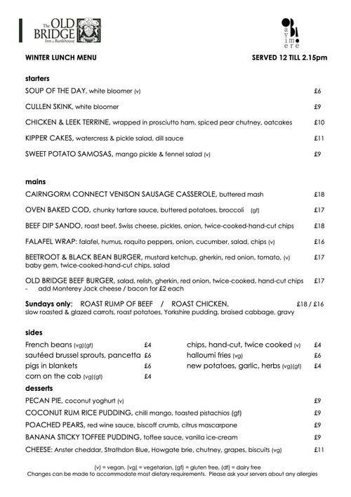 Menus — Old Bridge Inn & Rooms