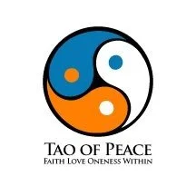 Yin-yang symbol with two smaller circles, one orange and one blue, inside a black circle. Text below reads 'TAO OF PEACE' and 'FAITH LOVE ONENESS WITHIN'.