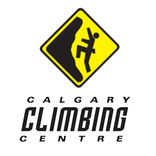 Warning sign with a figure climbing a wall, Calgary Climbing Centre logo