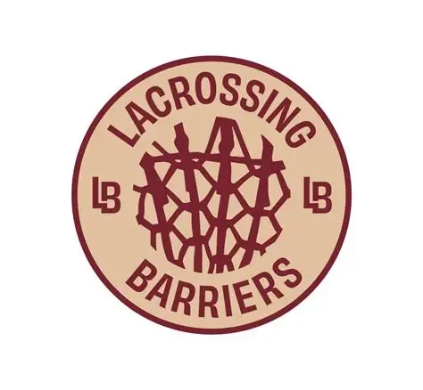 Lacrosse barriers logo with a stylized lacrosse stick and net in the center, surrounded by the words 'LACROSSING BARRIERS' and the initials 'LB' on each side.