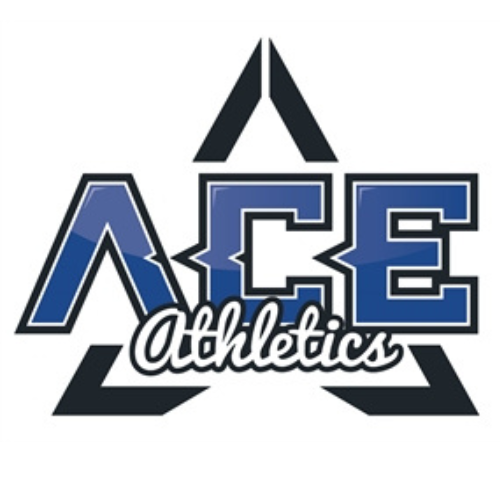 ACE Athletics logo featuring bold blue and black letters with a triangular design.