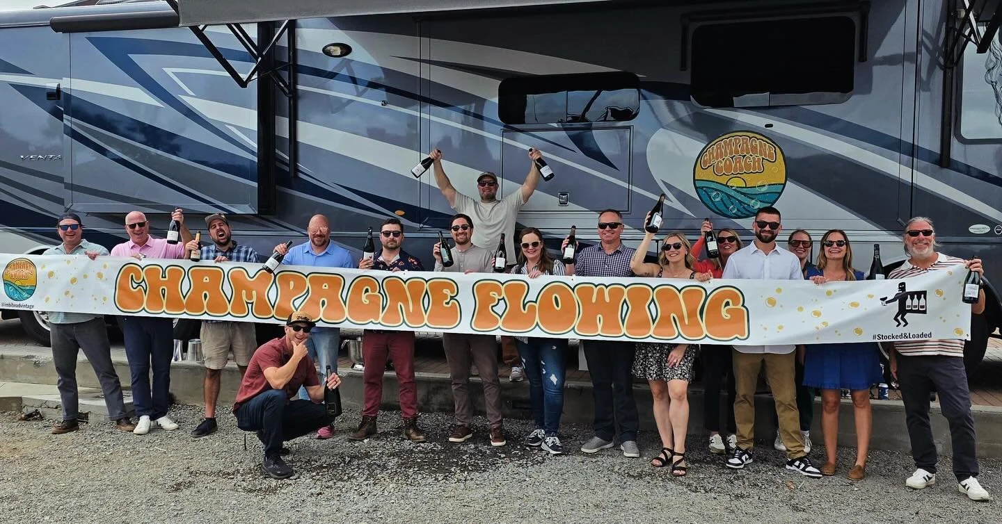 ALL ABOARD THE CHAMPAGNE COACH! Bottles popped, wheels up!π₯πΎπ₯β‘οΈ#champagnecampaign #stockedandloaded #tourdechampagne