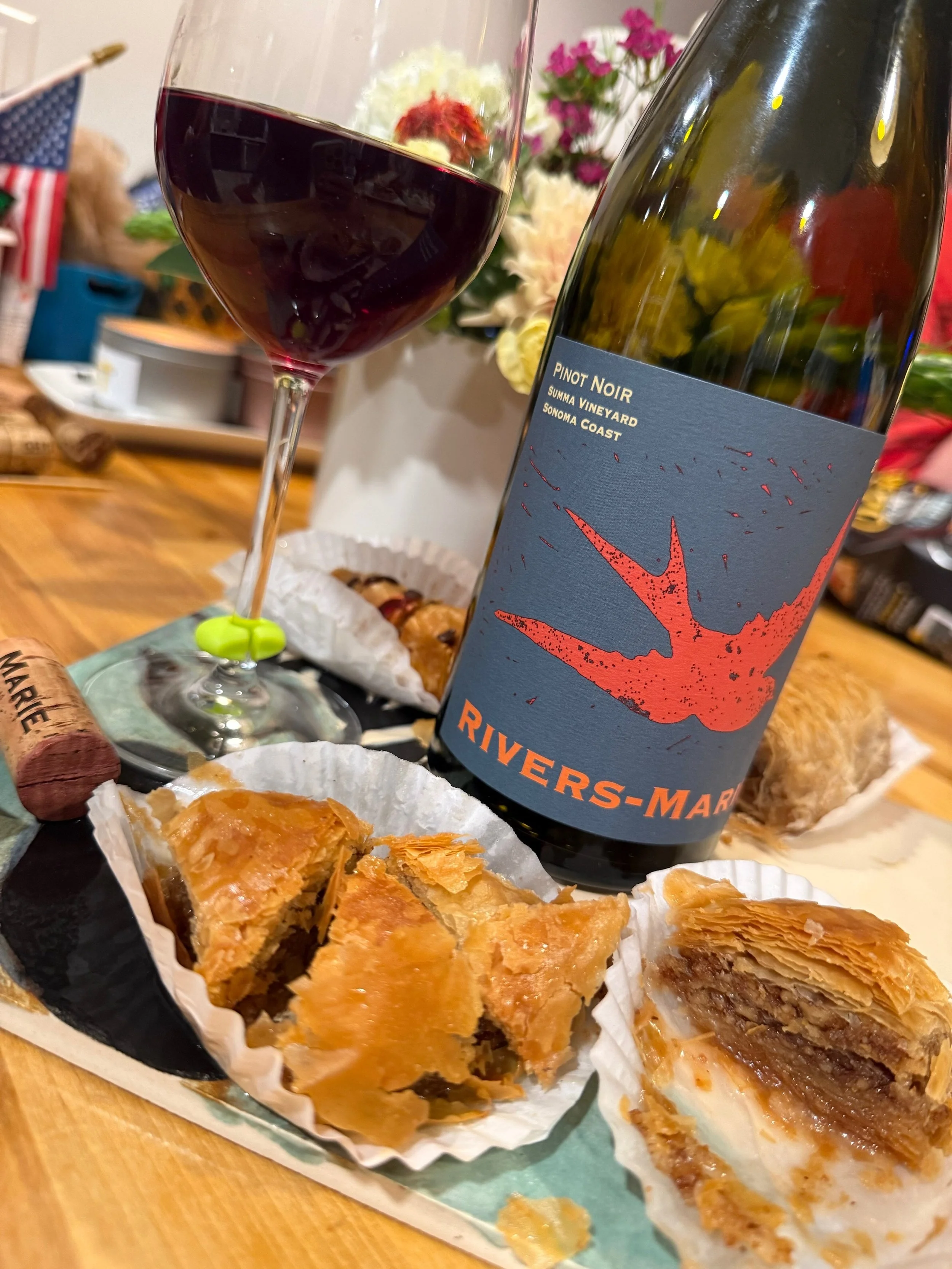 Pro tip: acidity is your best friend at dessert. 🍷
The 2024 Rivers-Marie Summa Vineyard Pinot Noir brings bright red fruit and racy acidity that stands up to baklava&rsquo;s honey-soaked sweetness without getting steamrolled &mdash; instead of fight