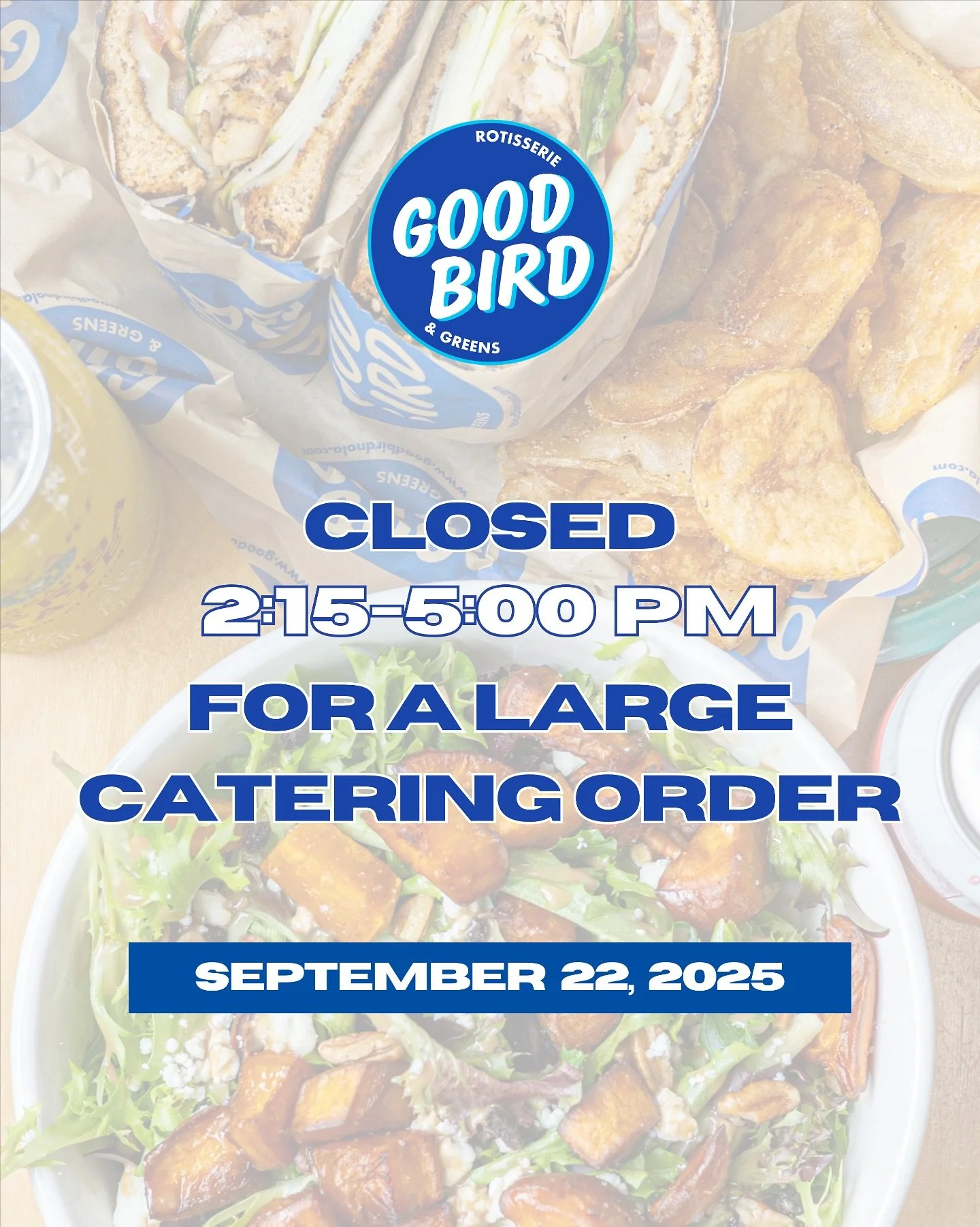 We are CLOSED from 2:15-5:00 pm today, Monday Sept 22, due to a large catering order.

We will re-open for dinner at 5:00 pm 🐓

#goodbird #closed #neworleans #healthyeating #catering