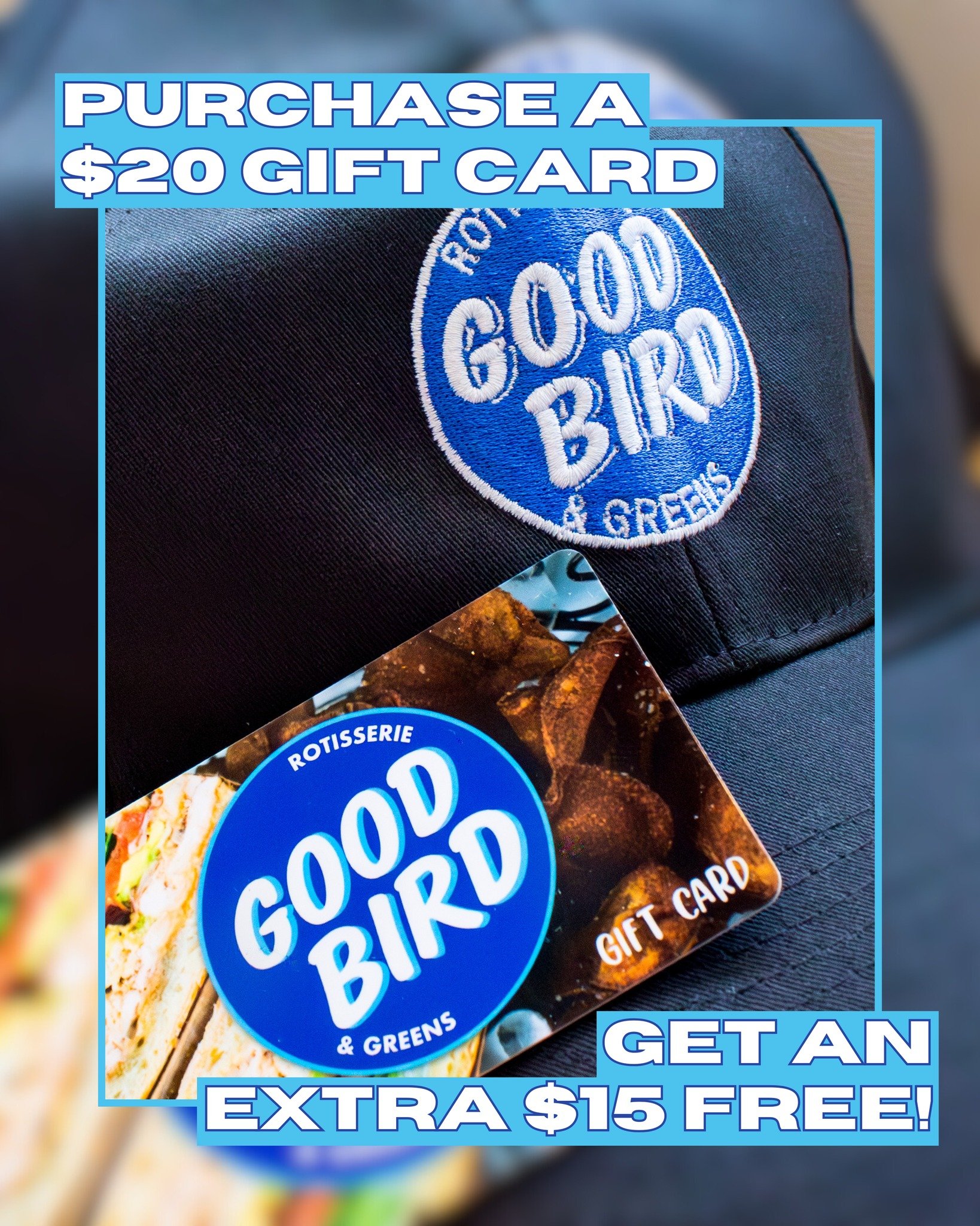 BUY A GIFT CARD ➡️ GET A $15 BONUS 🎁✨

Purchase a $20 (&amp; up) Good Bird gift card now through December 31 and we&rsquo;ll add an extra $15 for FREE.

Wrap one up for someone else&hellip; and enjoy a sandwich with your bonus. 🥪

#goodbird #holida