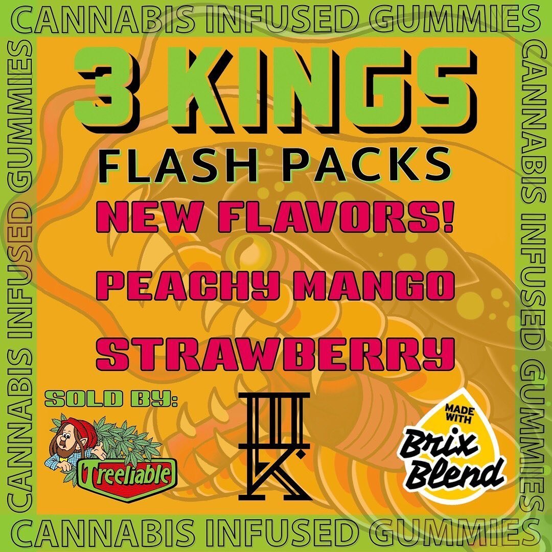 We&rsquo;re so stoked to announce our two newest #3kingsflashpacks are now available for purchase! Using @createdbycannabrix secret formula we&rsquo;ve rolled out the following new flavors:
⠀⠀⠀⠀⠀⠀⠀⠀⠀
&bull; Strawberry 🍓 
&bull; Peachy 🍑  Mango 🥭 
