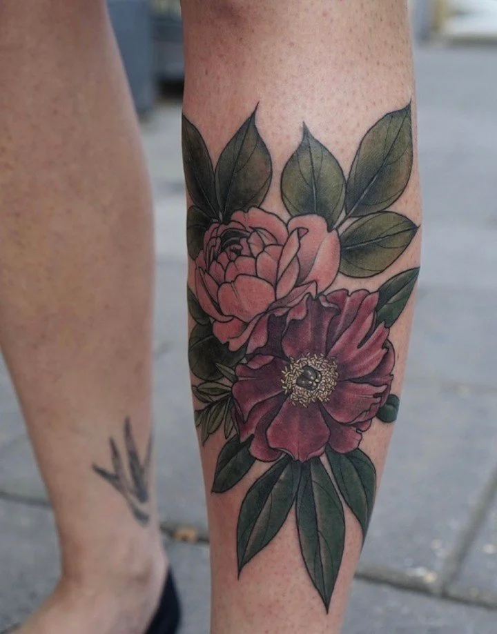 Peony and rose bouquet from @amandatattoos ✨ Amanda is on walk ins every Thursday and Friday, but if you&rsquo;re after something custom/larger scale yeah out to book in for April!